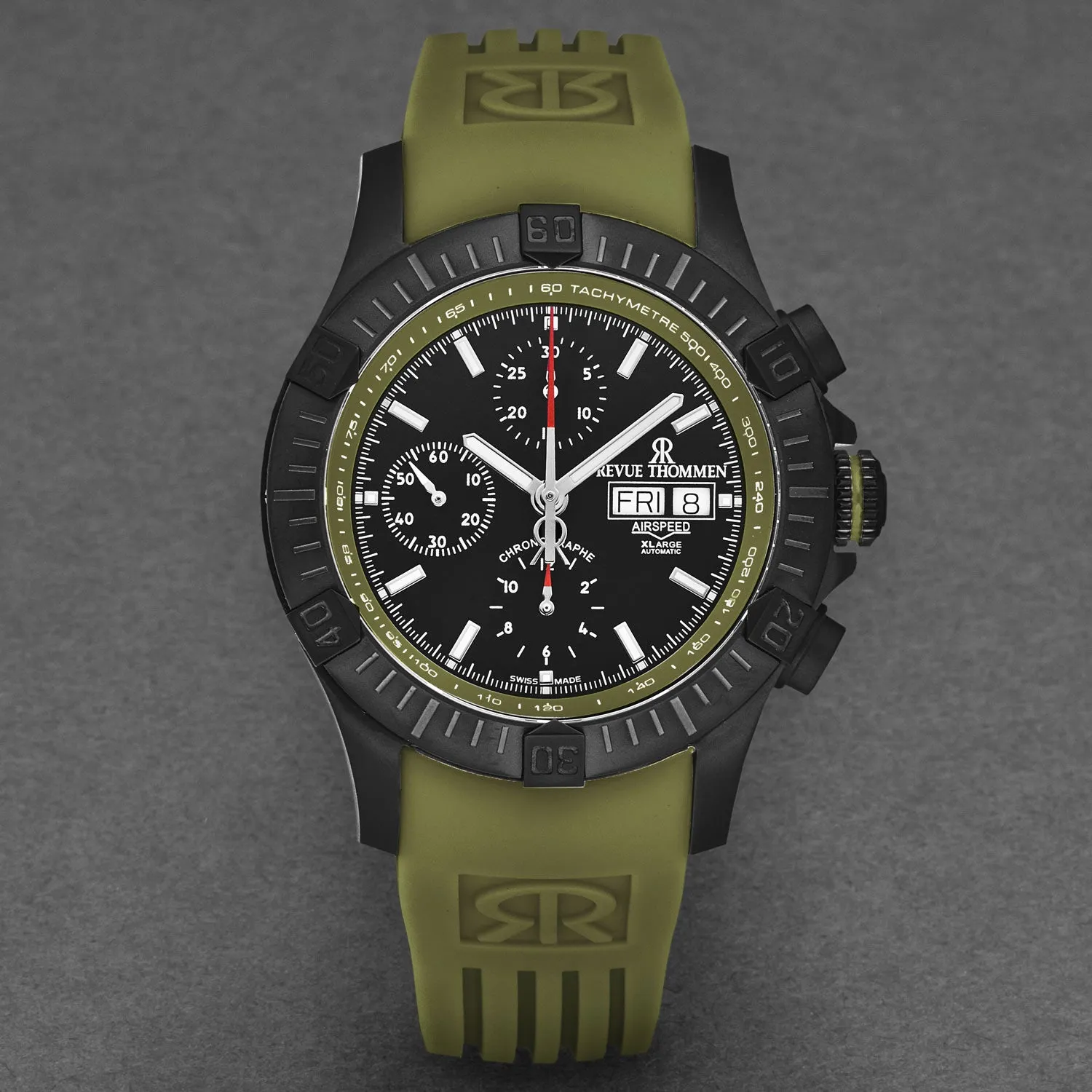 Revue Thommen Men's 'Air speed' Black Dial Green Rubber Strap Automatic Watch 16071.6674