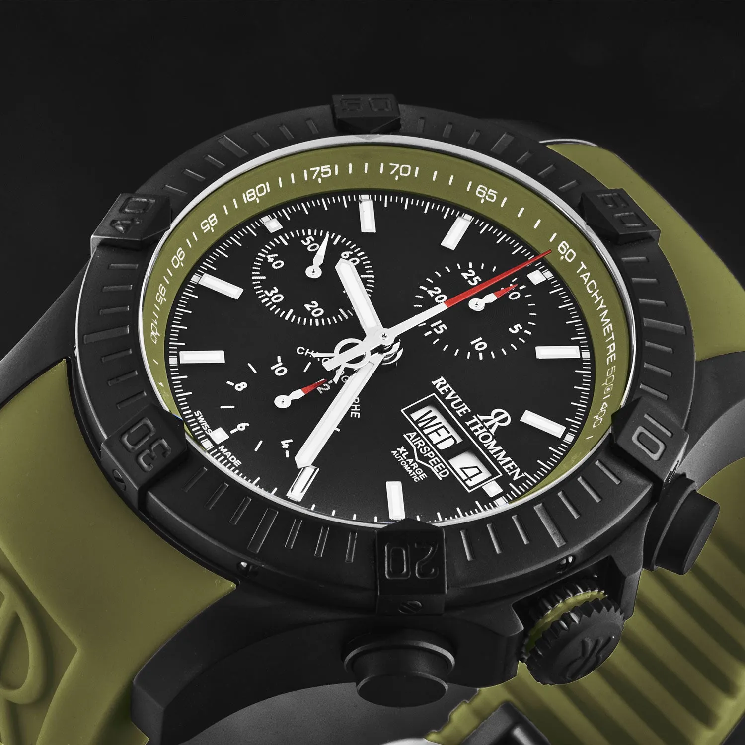 Revue Thommen Men's 'Air speed' Black Dial Green Rubber Strap Automatic Watch 16071.6674