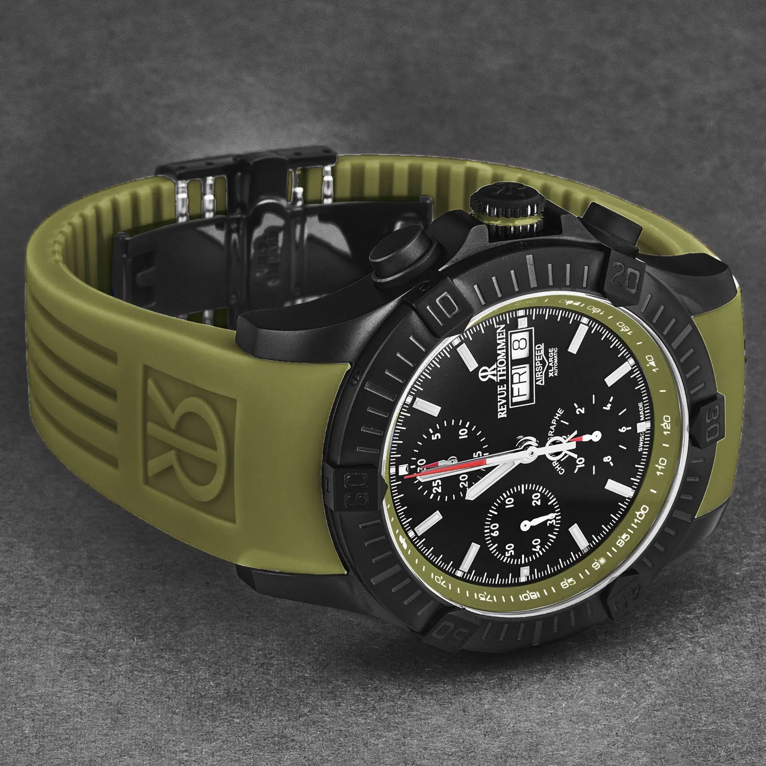 Revue Thommen Men's 'Air speed' Black Dial Green Rubber Strap Automatic Watch 16071.6674