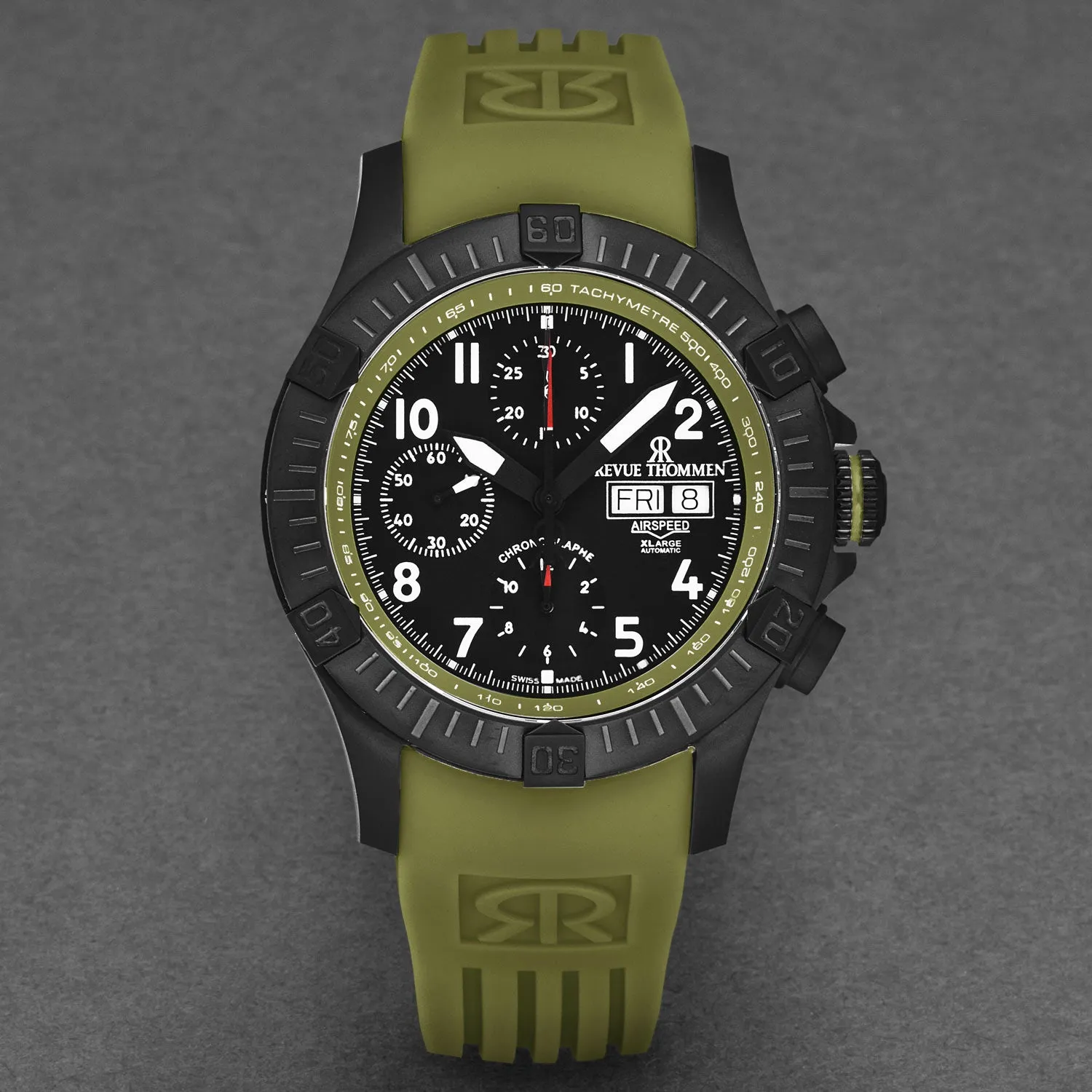 Revue Thommen Men's 'Air speed' Black Dial Green Rubber Strap Automatic Watch 16071.6774