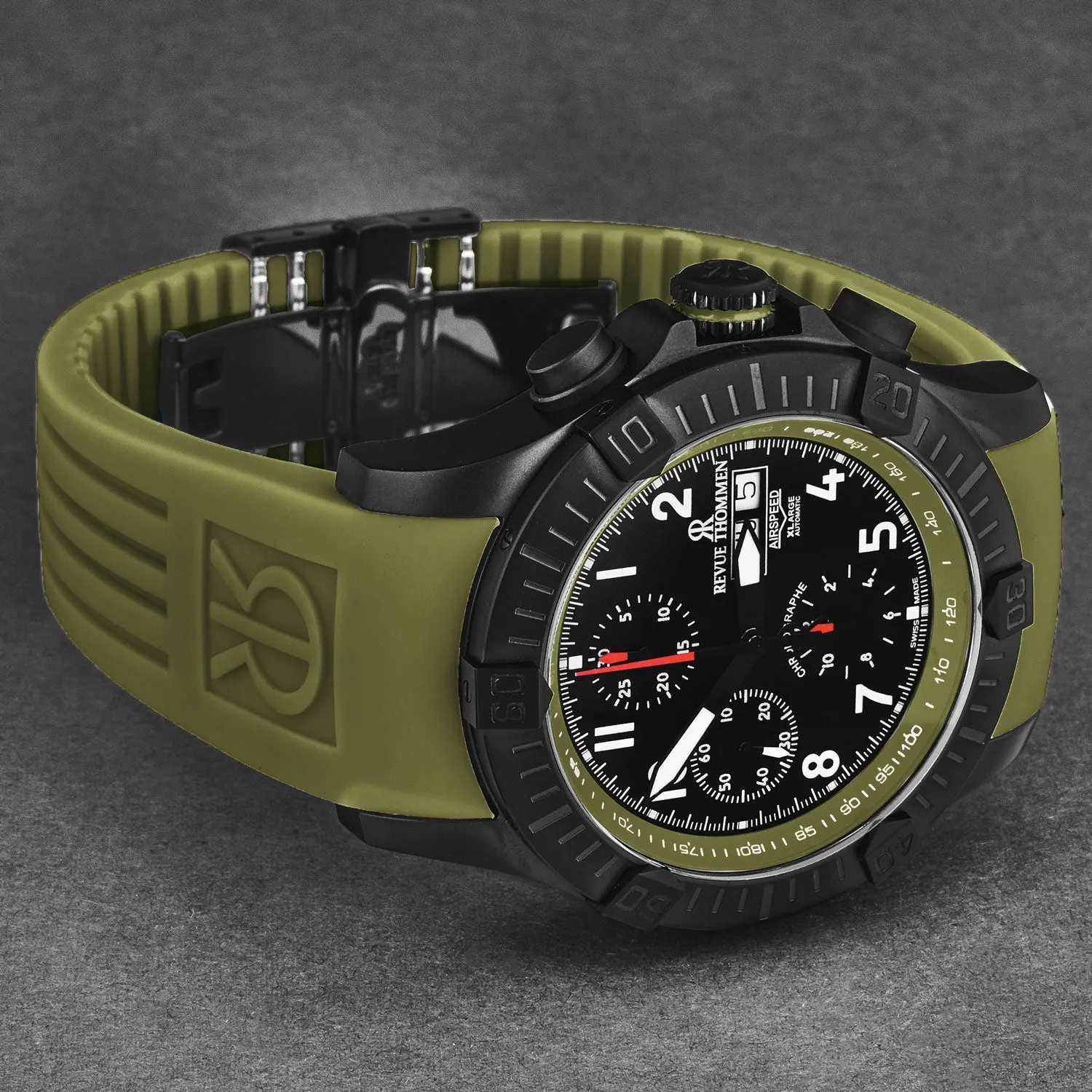 Revue Thommen Men's 'Air speed' Black Dial Green Rubber Strap Automatic Watch 16071.6774