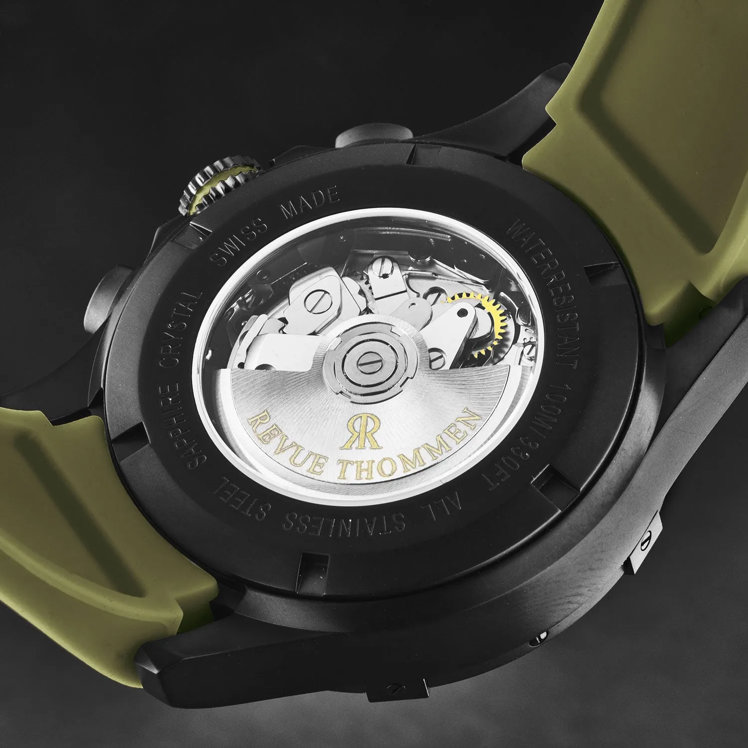 Revue Thommen Men's 'Air speed' Black Dial Green Rubber Strap Automatic Watch 16071.6774
