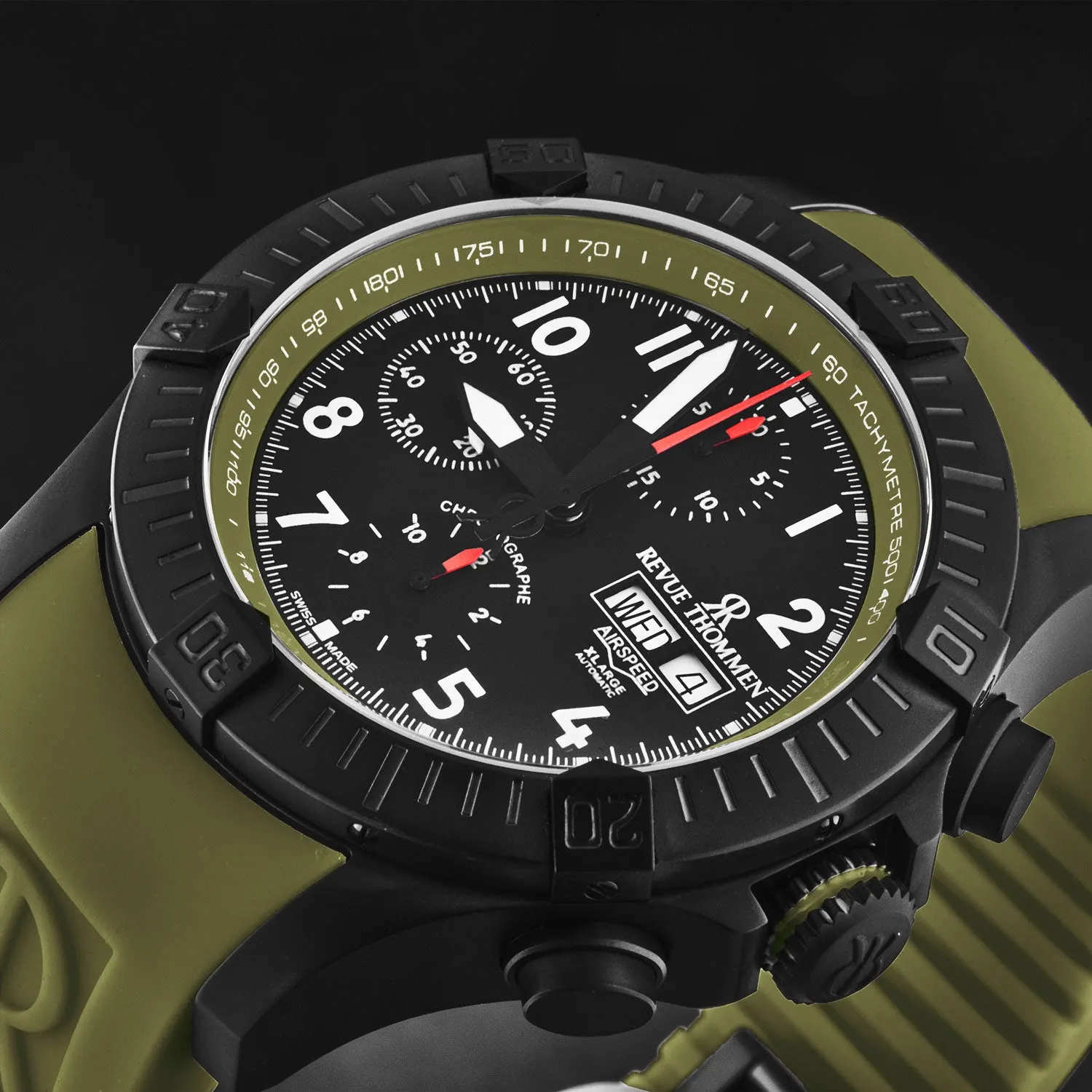 Revue Thommen Men's 'Air speed' Black Dial Green Rubber Strap Automatic Watch 16071.6774