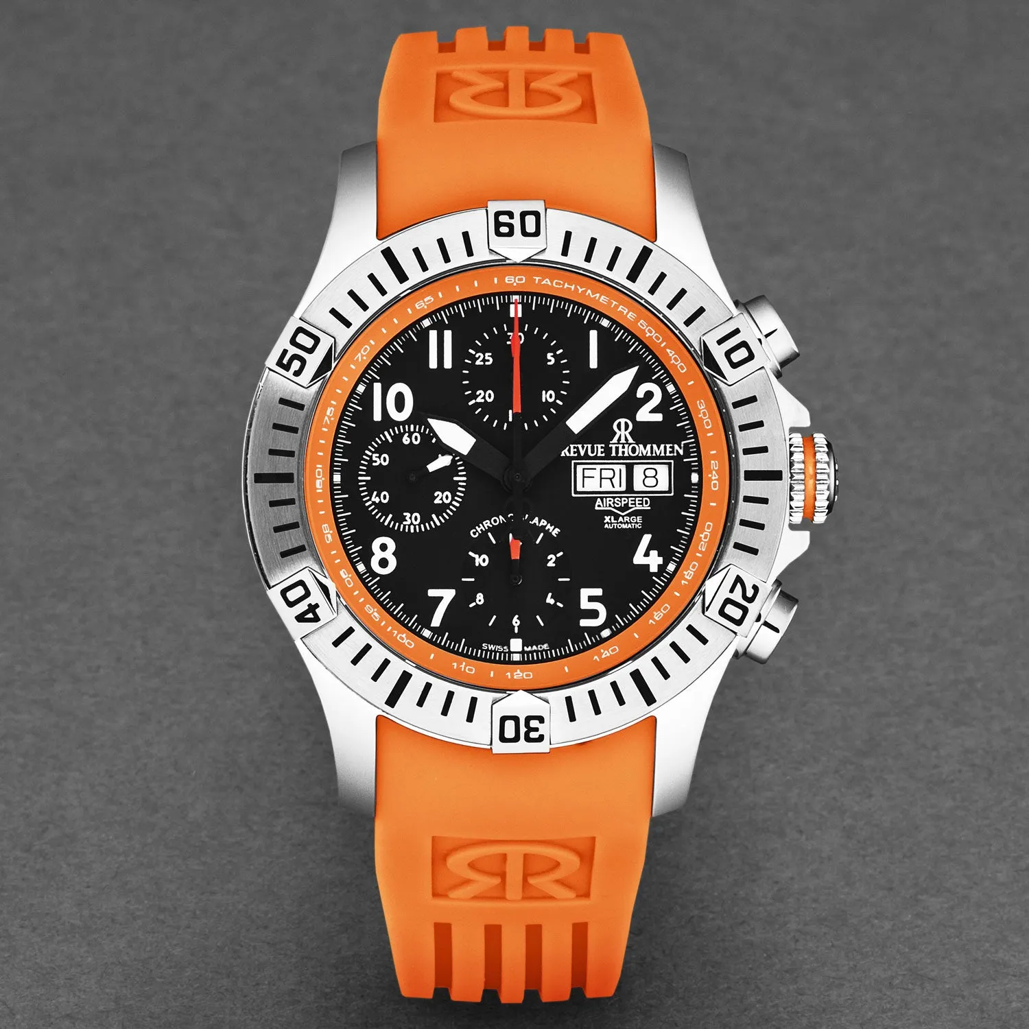 Revue Thommen Men's 'Air speed' Black Dial Orange Rubber Strap Automatic Watch 16071.6739