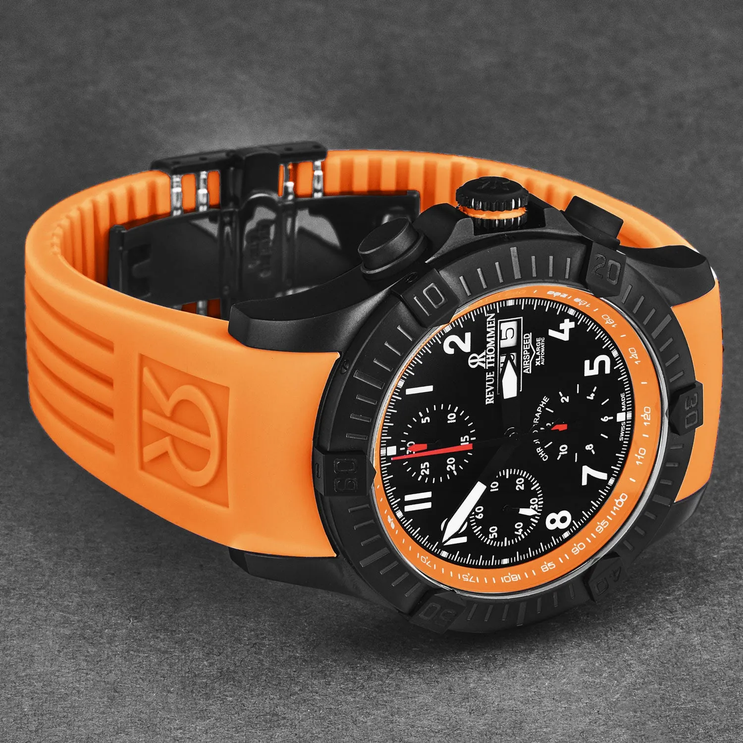 Revue Thommen Men's 'Air speed' Black Dial Orange Rubber Strap Automatic Watch 16071.6779