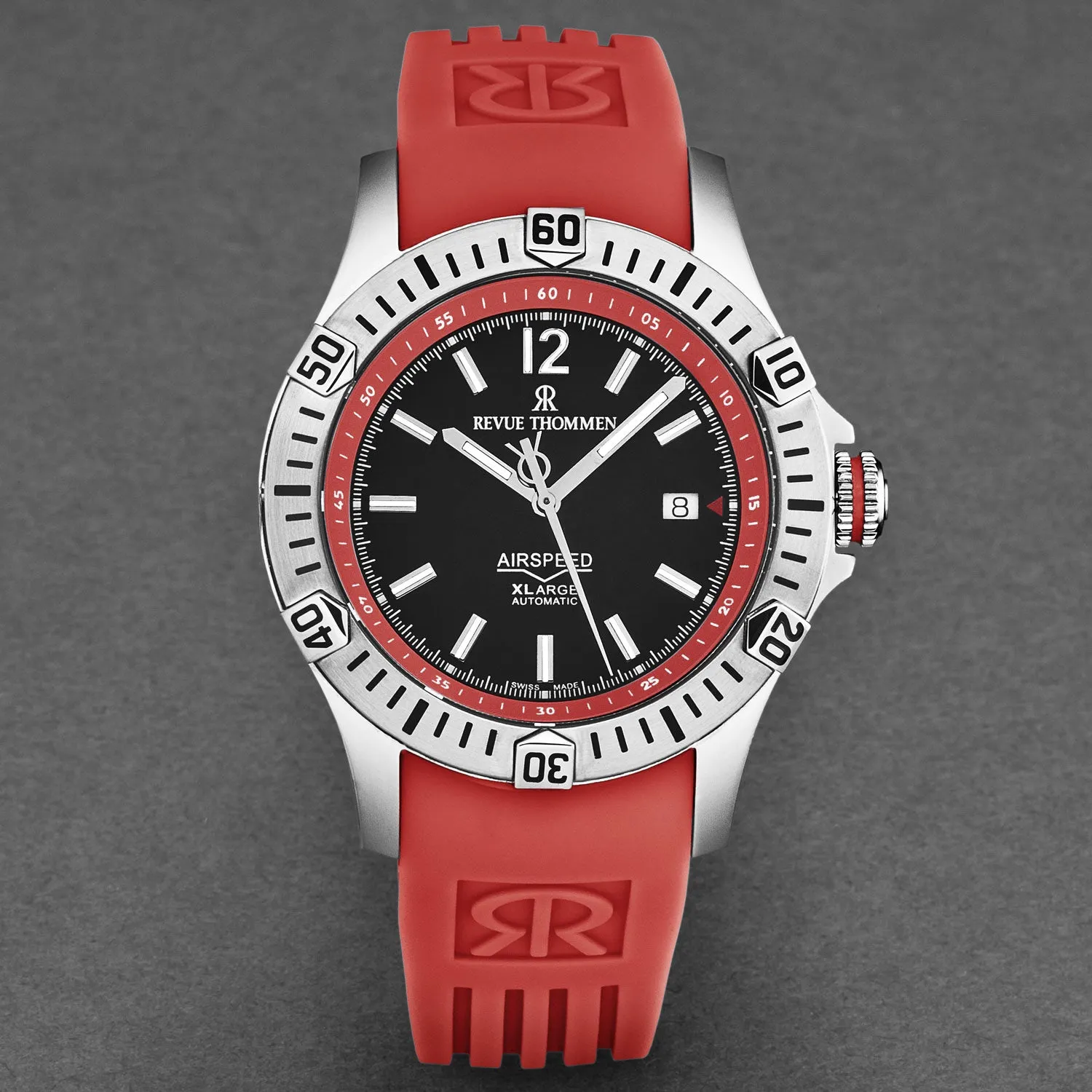 Revue Thommen Men's 'Air speed' Black Dial Red Rubber Strap Automatic Watch 16070.4636