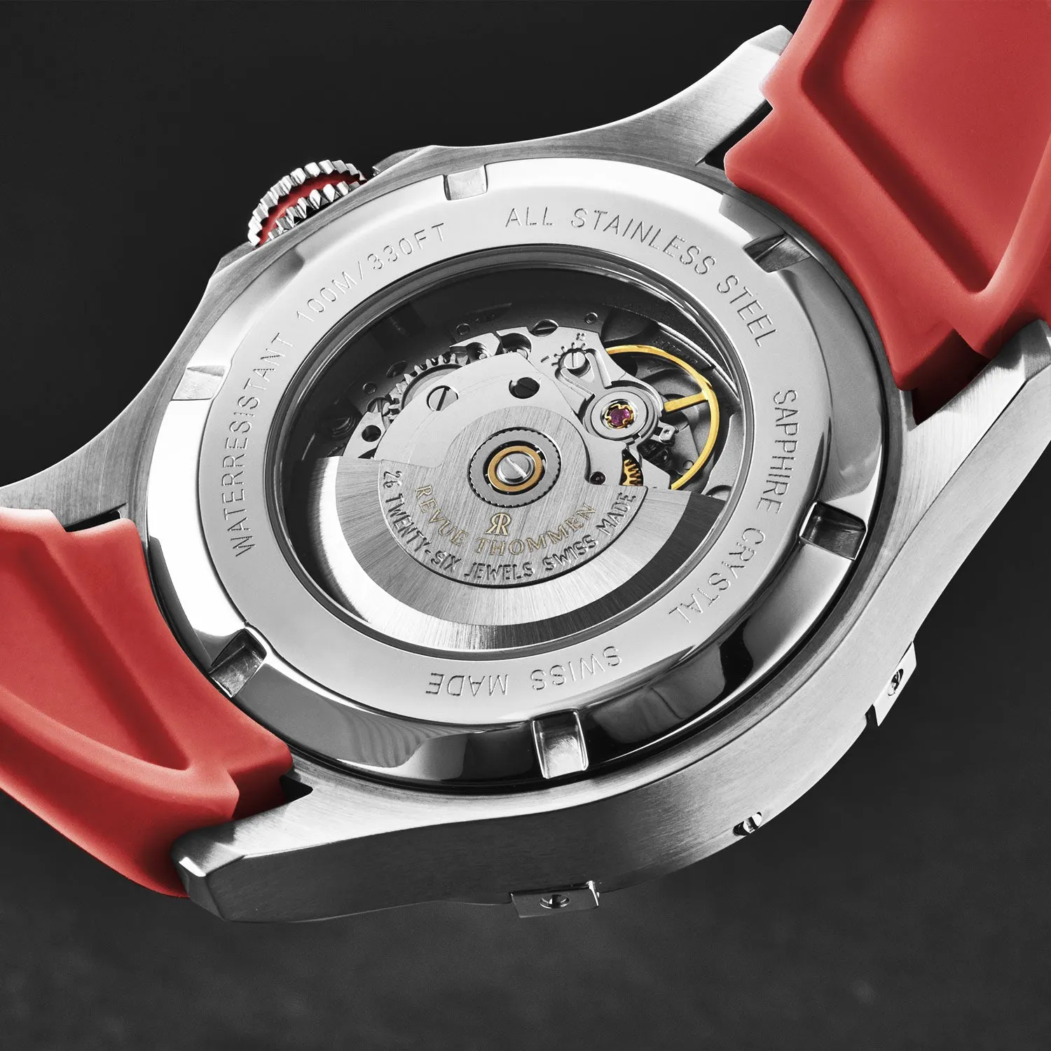 Revue Thommen Men's 'Air speed' Black Dial Red Rubber Strap Automatic Watch 16070.4636