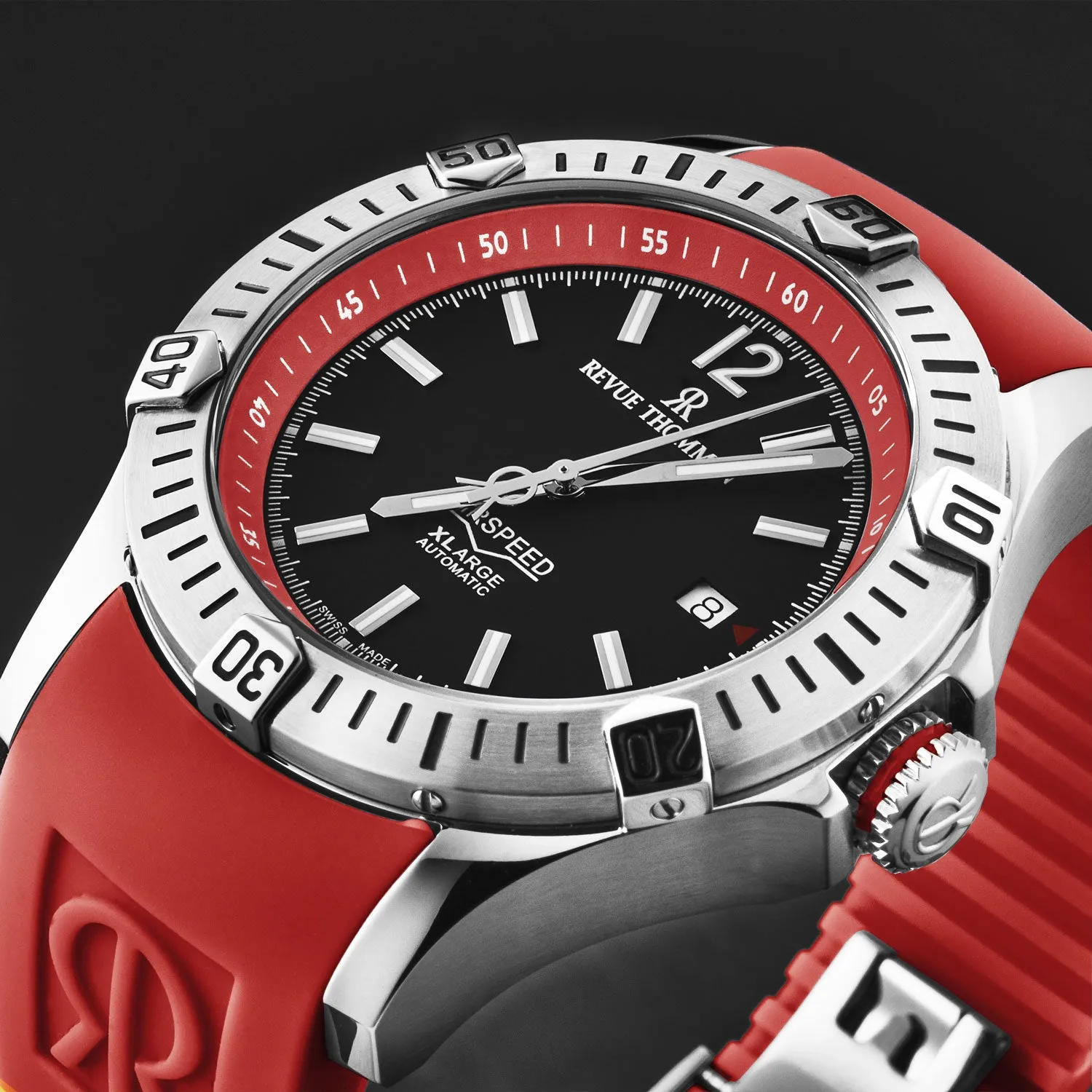 Revue Thommen Men's 'Air speed' Black Dial Red Rubber Strap Automatic Watch 16070.4636