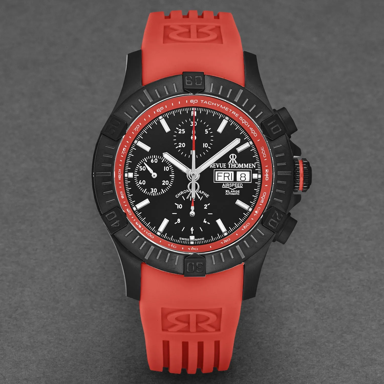 Revue Thommen Men's 'Air speed' Black Dial Red Rubber Strap Automatic Watch 16071.6676