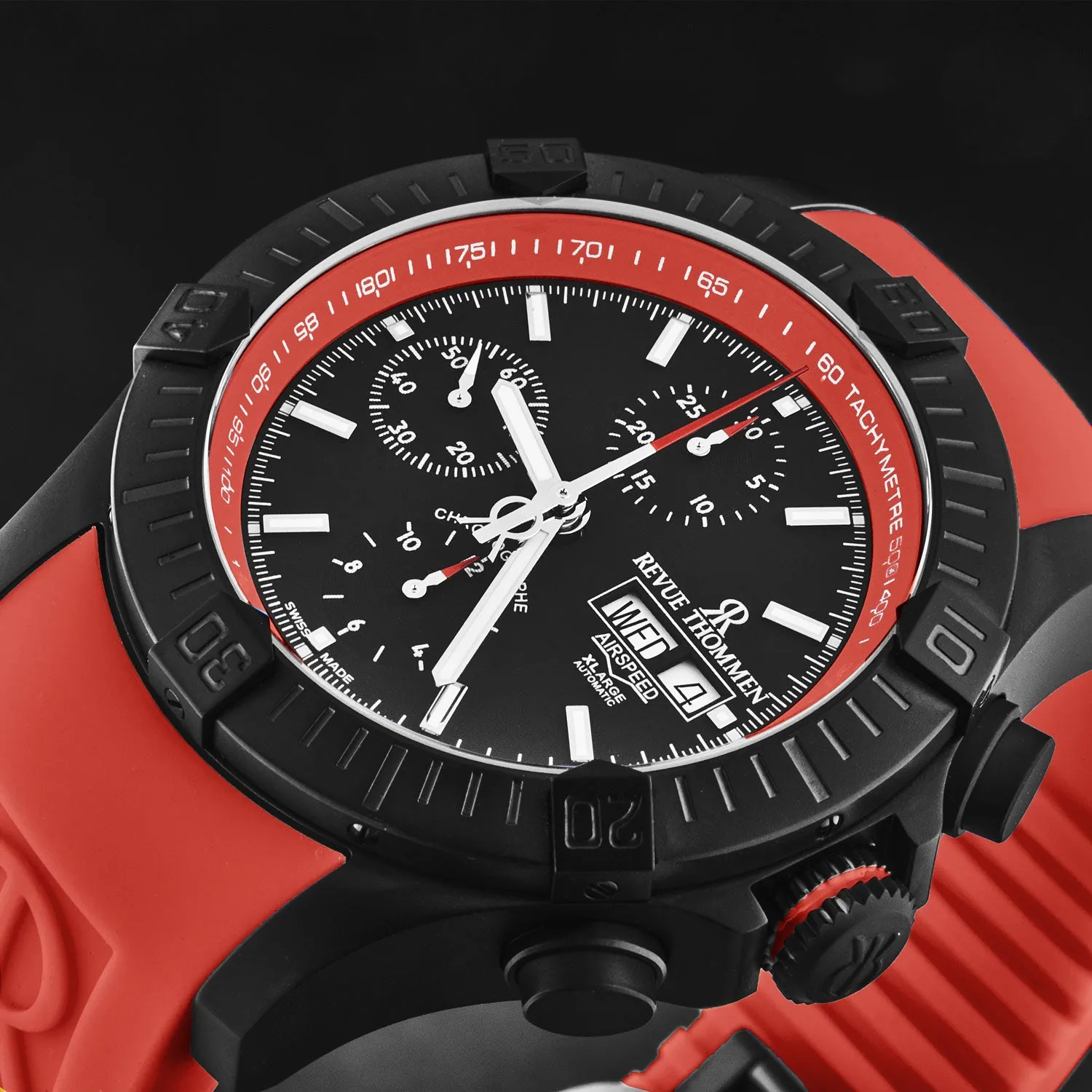 Revue Thommen Men's 'Air speed' Black Dial Red Rubber Strap Automatic Watch 16071.6676