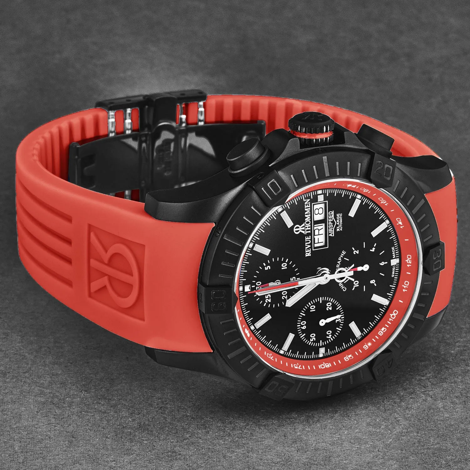 Revue Thommen Men's 'Air speed' Black Dial Red Rubber Strap Automatic Watch 16071.6676