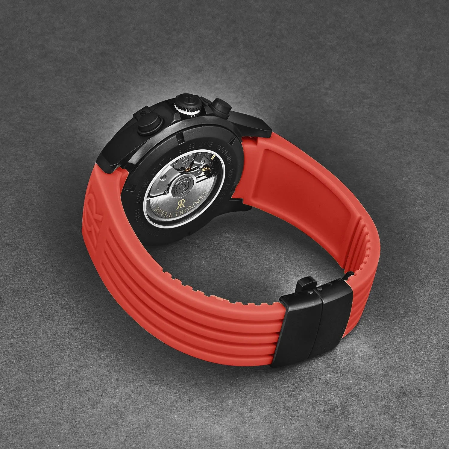 Revue Thommen Men's 'Air speed' Black Dial Red Rubber Strap Automatic Watch 16071.6676