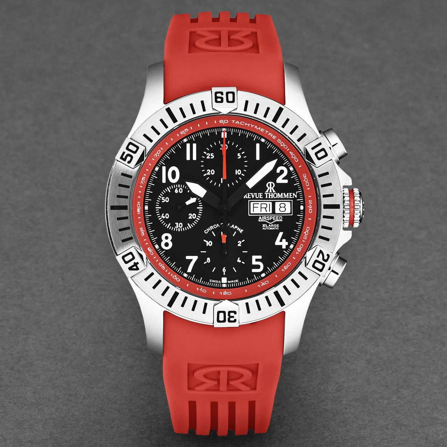 Revue Thommen Men's 'Air speed' Black Dial Red Rubber Strap Automatic Watch 16071.6736