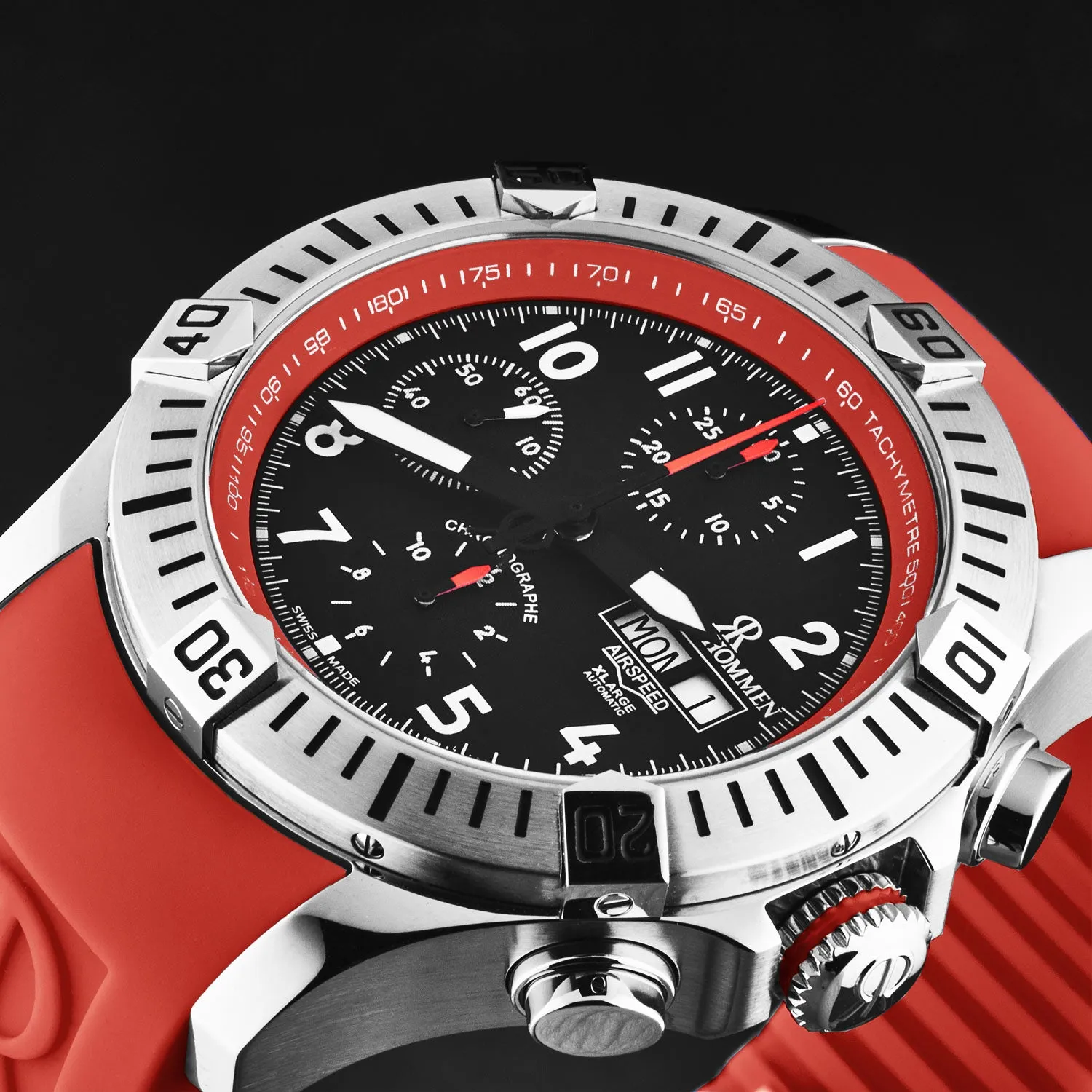 Revue Thommen Men's 'Air speed' Black Dial Red Rubber Strap Automatic Watch 16071.6736