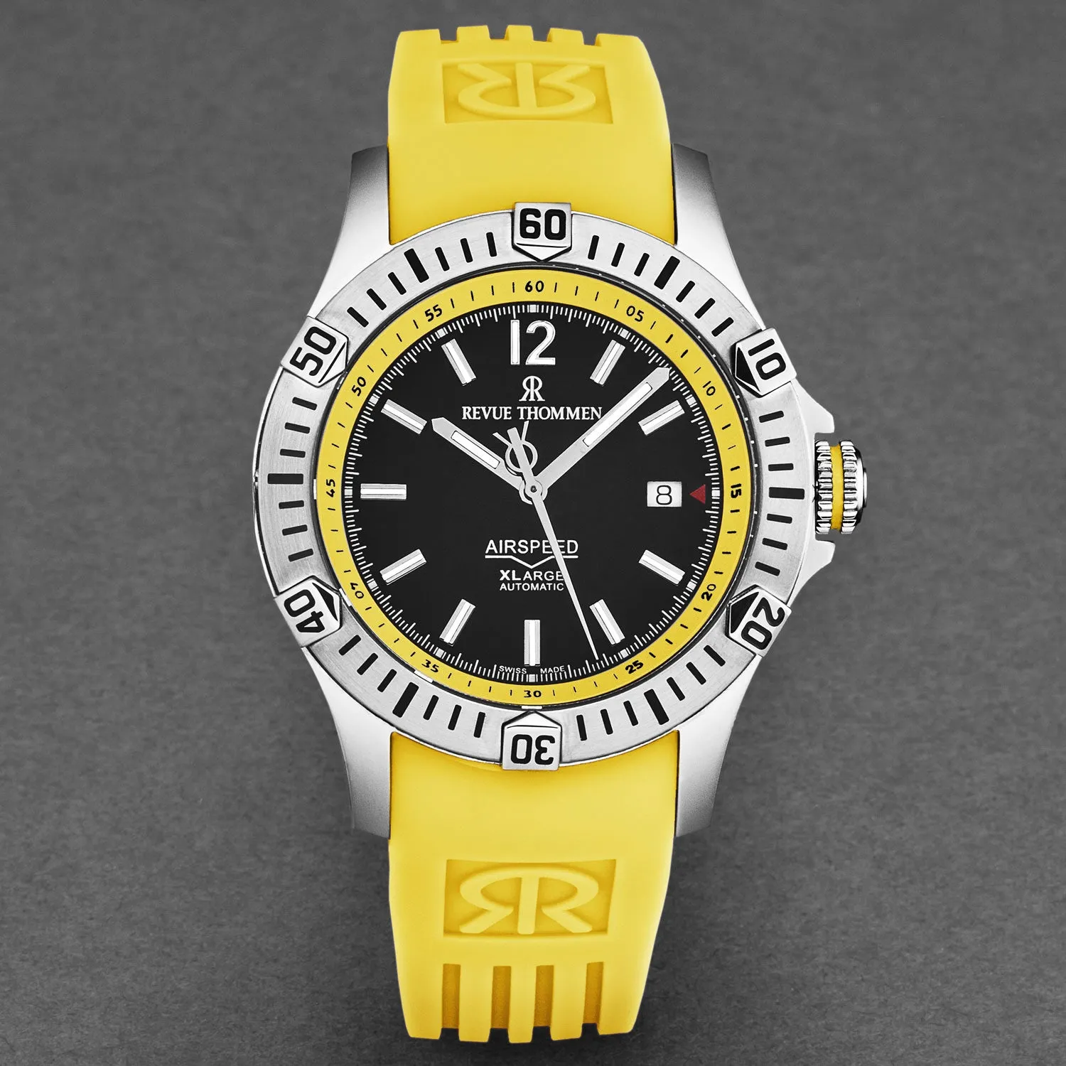 Revue Thommen Men's 'Air speed' Black Dial Yellow Rubber Strap Automatic Watch 16070.4638
