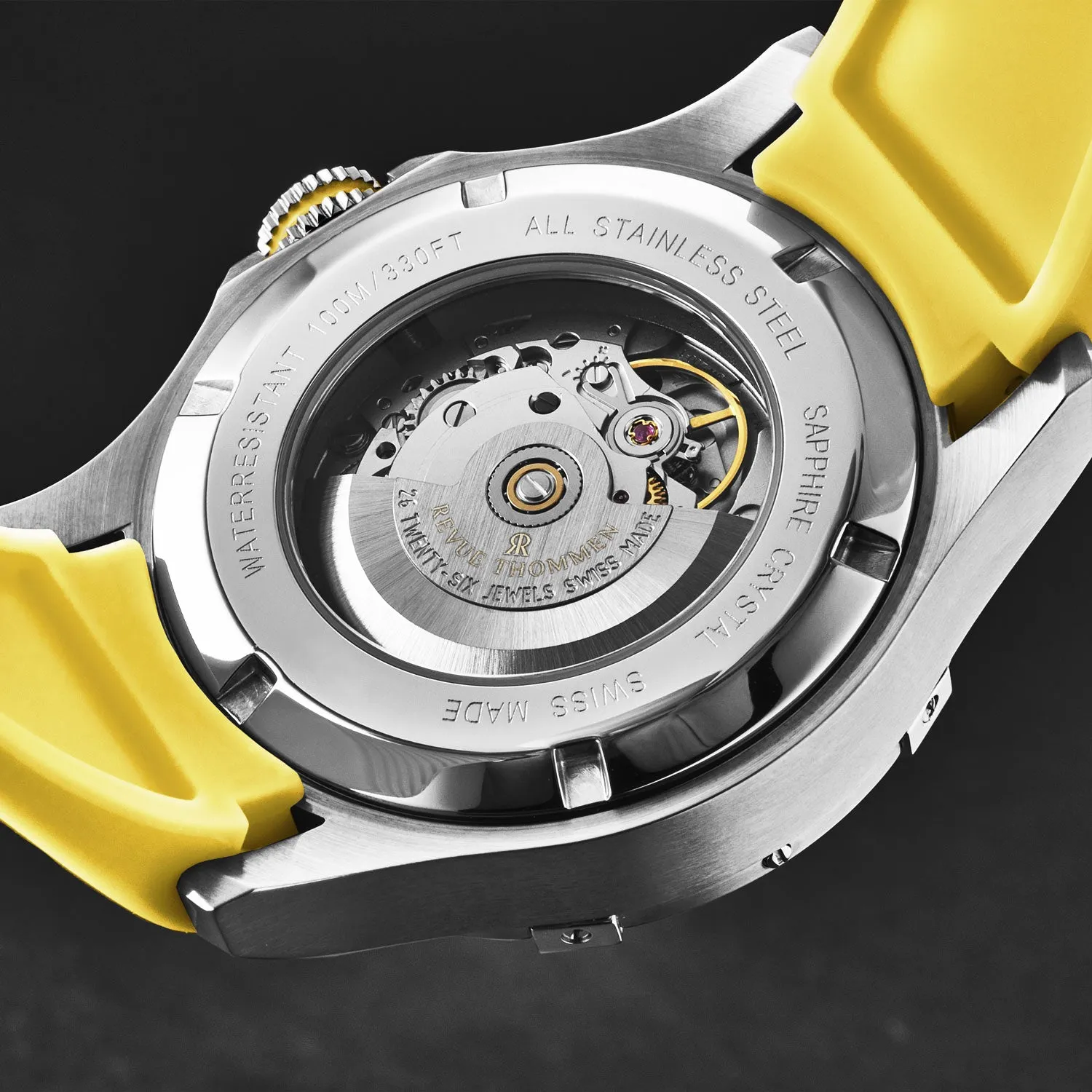 Revue Thommen Men's 'Air speed' Black Dial Yellow Rubber Strap Automatic Watch 16070.4638