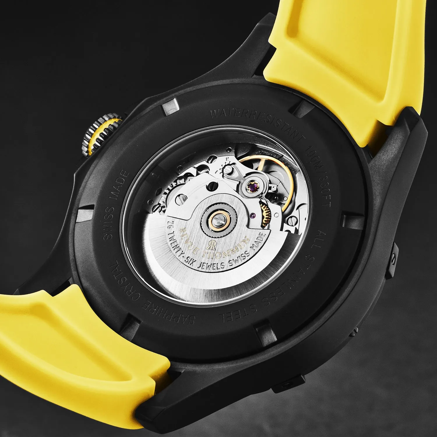 Revue Thommen Men's 'Air speed' Black Dial Yellow Rubber Strap Automatic Watch 16070.4778