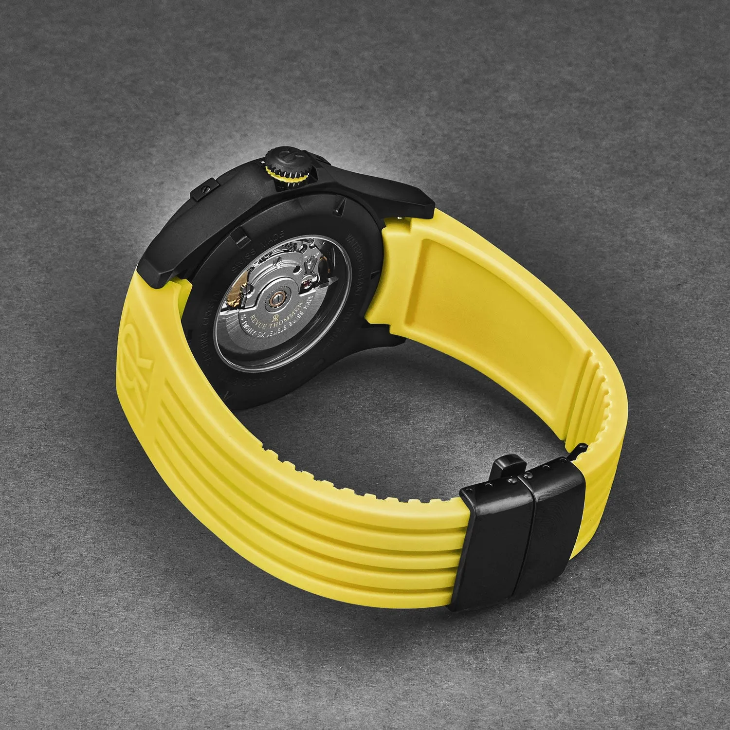 Revue Thommen Men's 'Air speed' Black Dial Yellow Rubber Strap Automatic Watch 16070.4778
