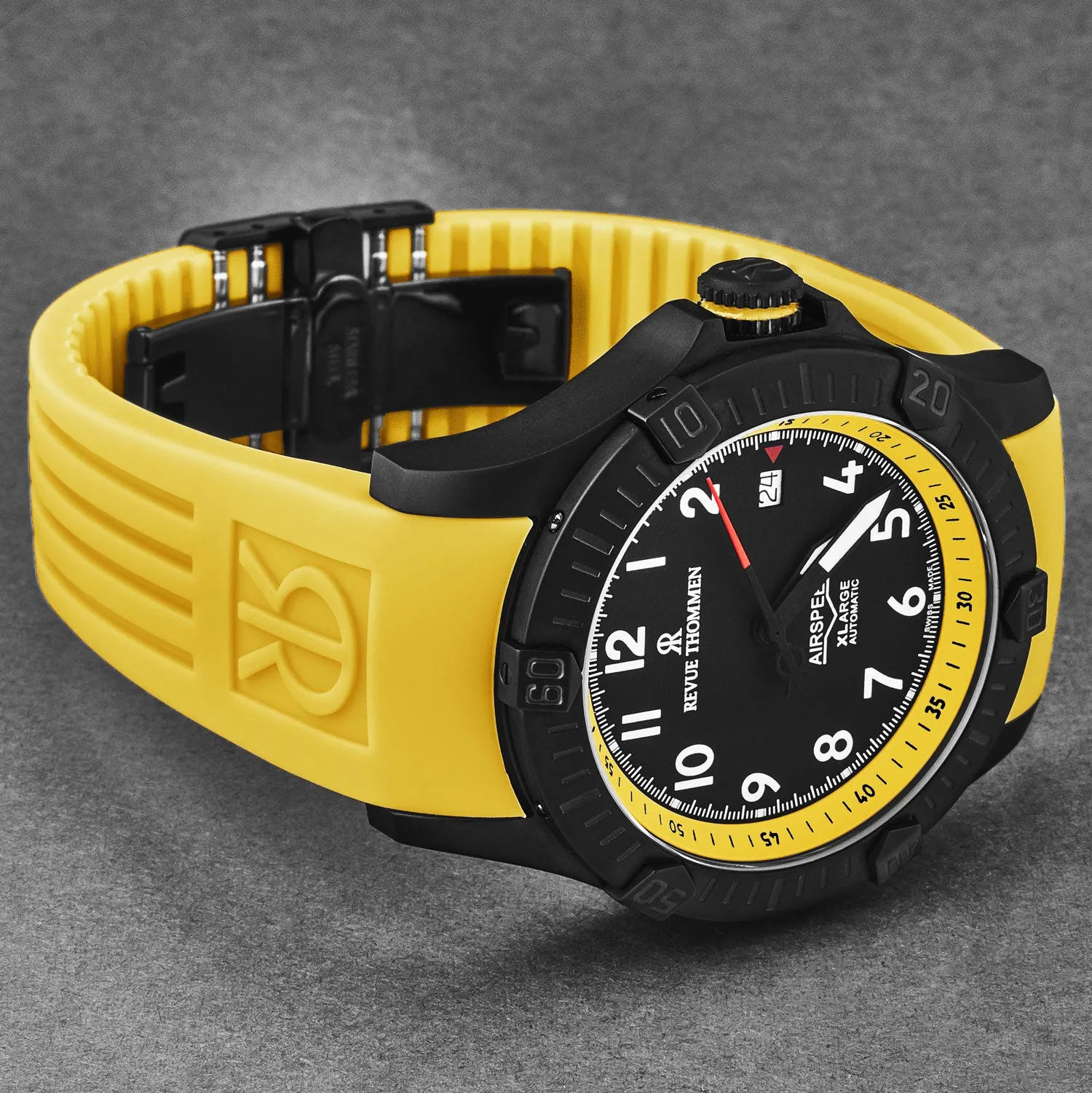 Revue Thommen Men's 'Air speed' Black Dial Yellow Rubber Strap Automatic Watch 16070.4778