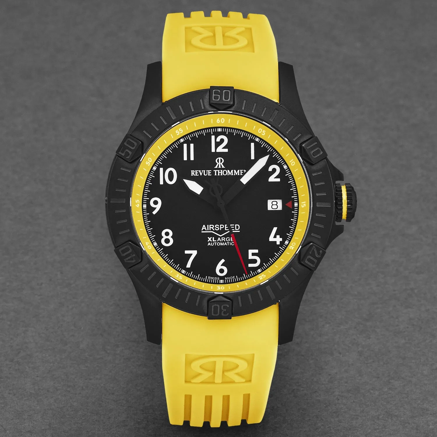 Revue Thommen Men's 'Air speed' Black Dial Yellow Rubber Strap Automatic Watch 16070.4778