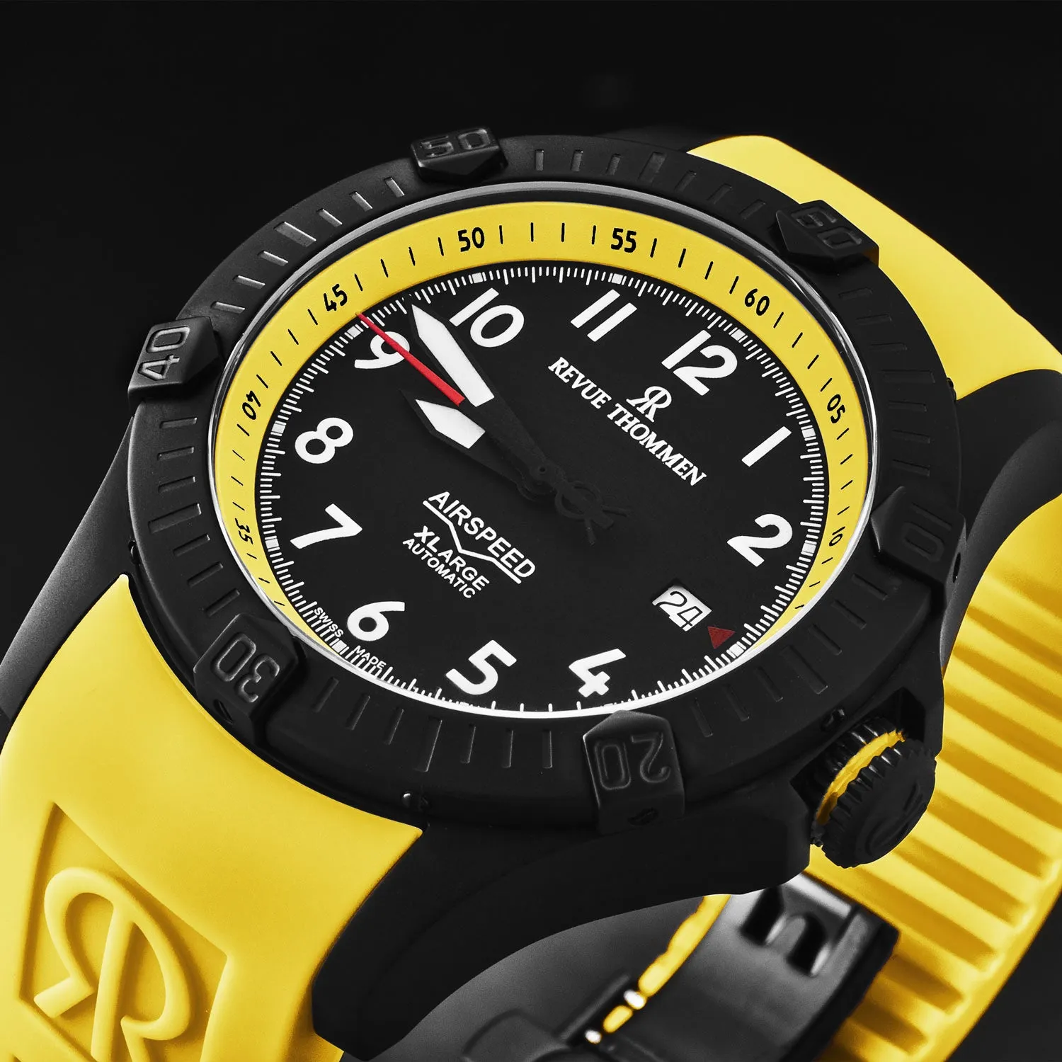 Revue Thommen Men's 'Air speed' Black Dial Yellow Rubber Strap Automatic Watch 16070.4778