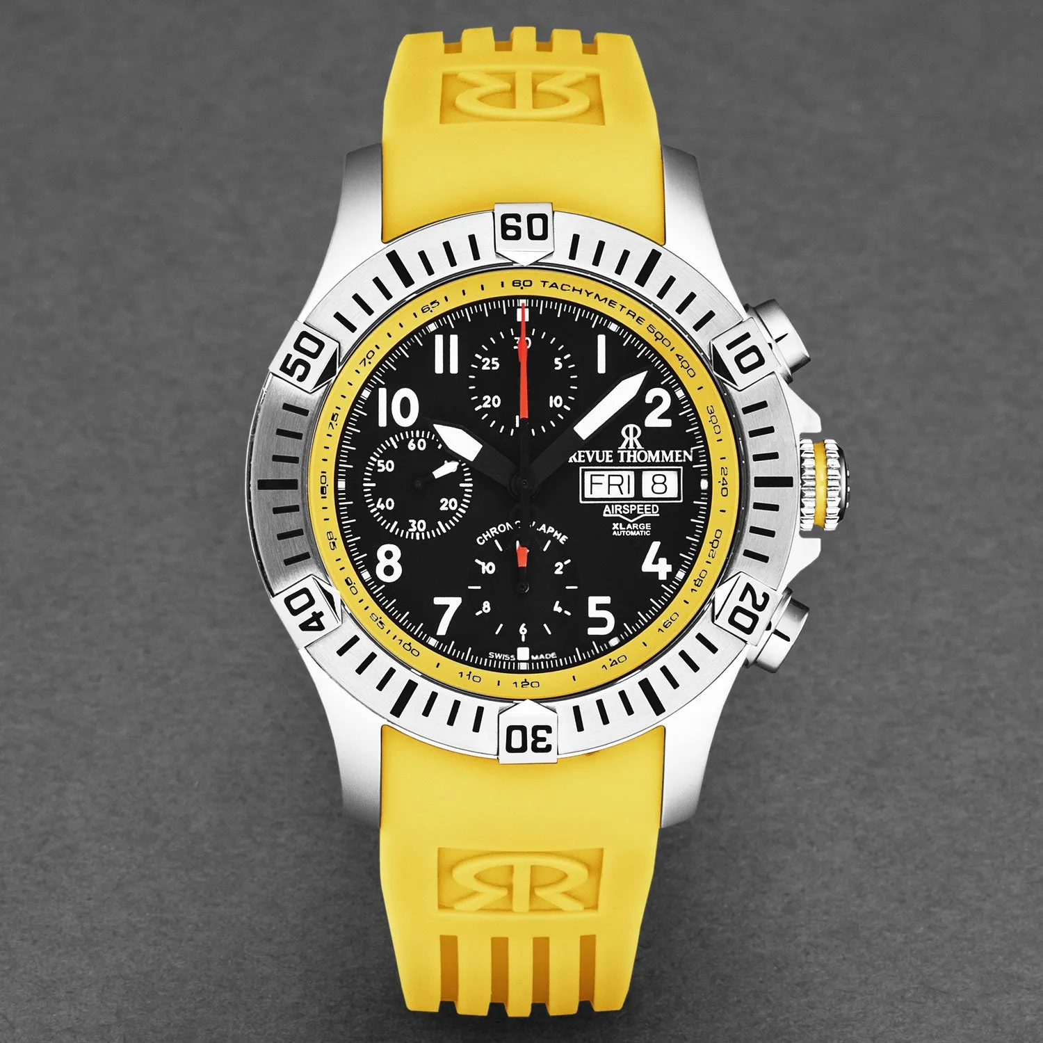 Revue Thommen Men's 'Air speed' Black Dial Yellow Rubber Strap Automatic Watch 16071.6738
