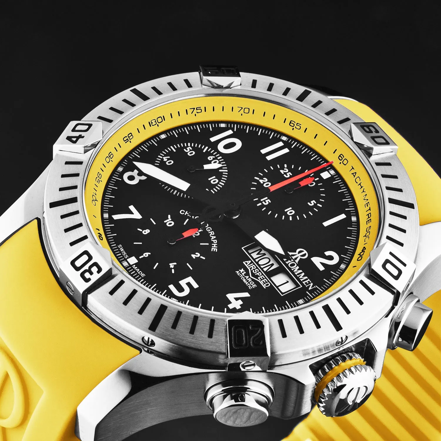Revue Thommen Men's 'Air speed' Black Dial Yellow Rubber Strap Automatic Watch 16071.6738