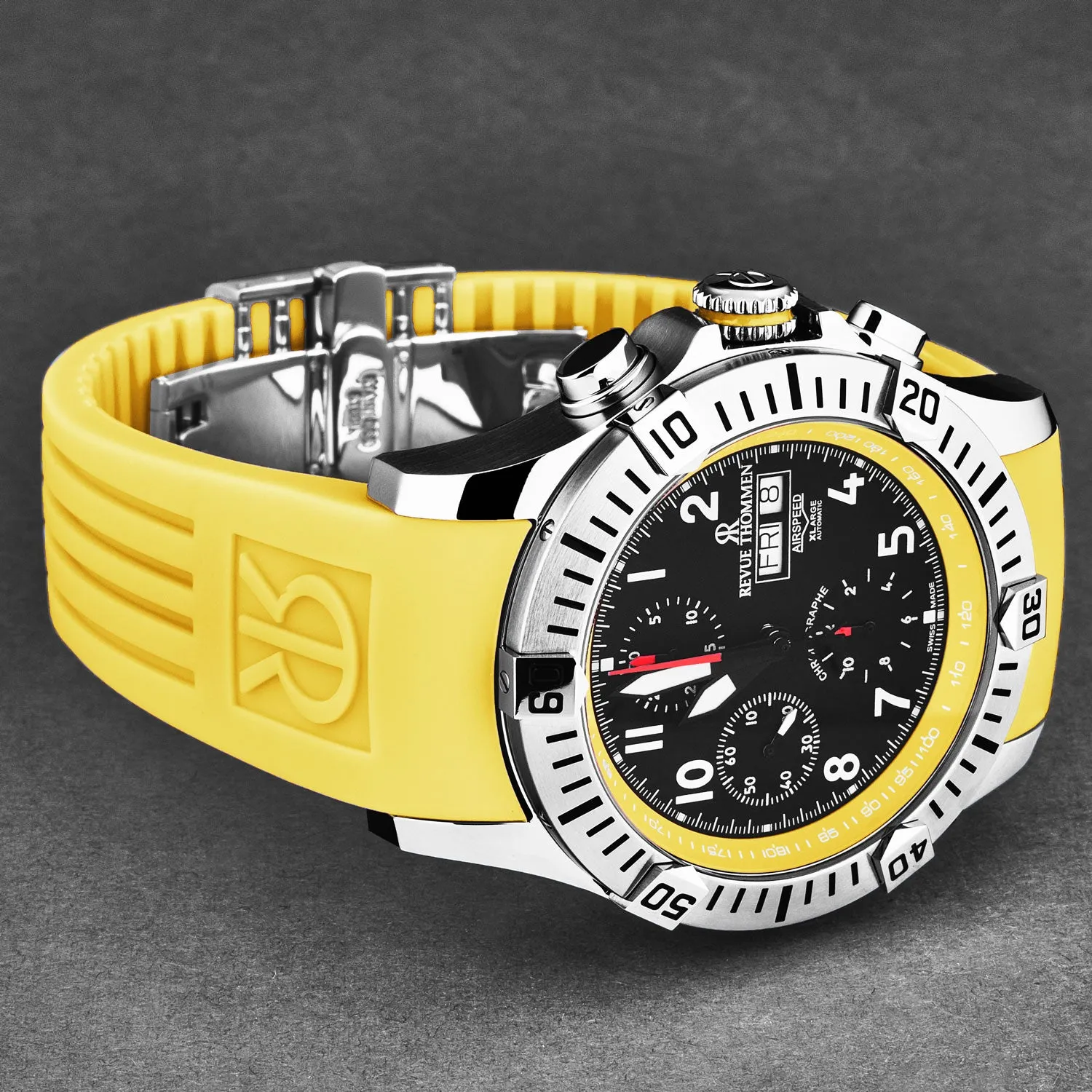 Revue Thommen Men's 'Air speed' Black Dial Yellow Rubber Strap Automatic Watch 16071.6738