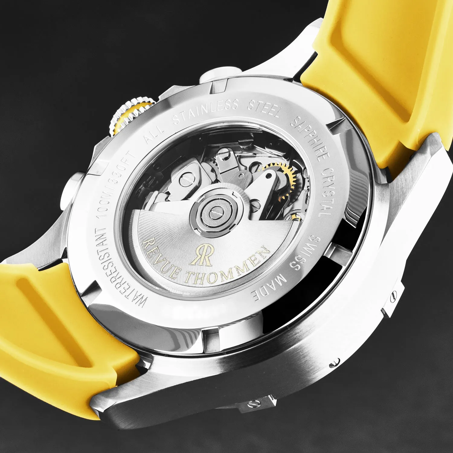 Revue Thommen Men's 'Air speed' Black Dial Yellow Rubber Strap Automatic Watch 16071.6738