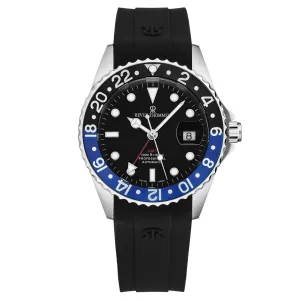 Revue Thommen Men's 'Diver' Black Dial Black and Blue Bezel Black Rubber Strap GMT Automatic Watch 17572.2833