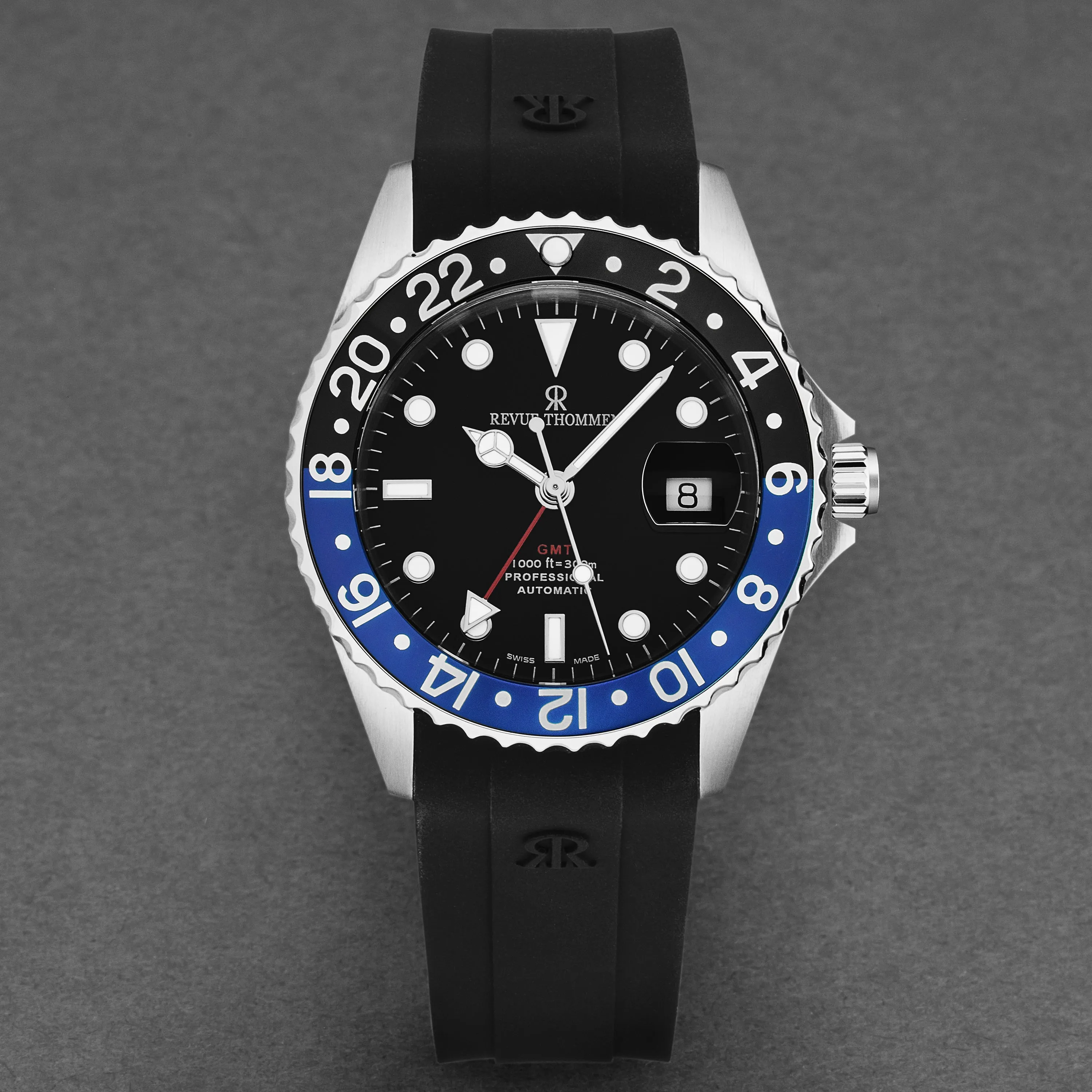 Revue Thommen Men's 'Diver' Black Dial Black and Blue Bezel Black Rubber Strap GMT Automatic Watch 17572.2833