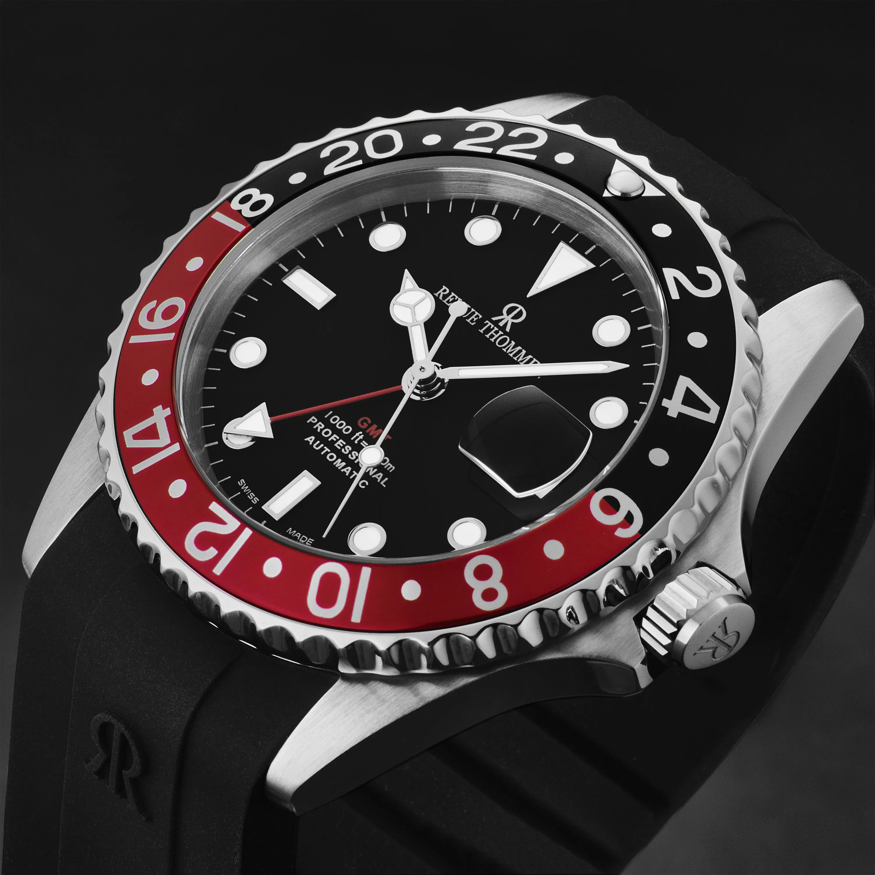 Revue Thommen Men's 'Diver' Black Dial Black and Red Bezel Black Rubber Strap GMT Automatic Watch 17572.2836