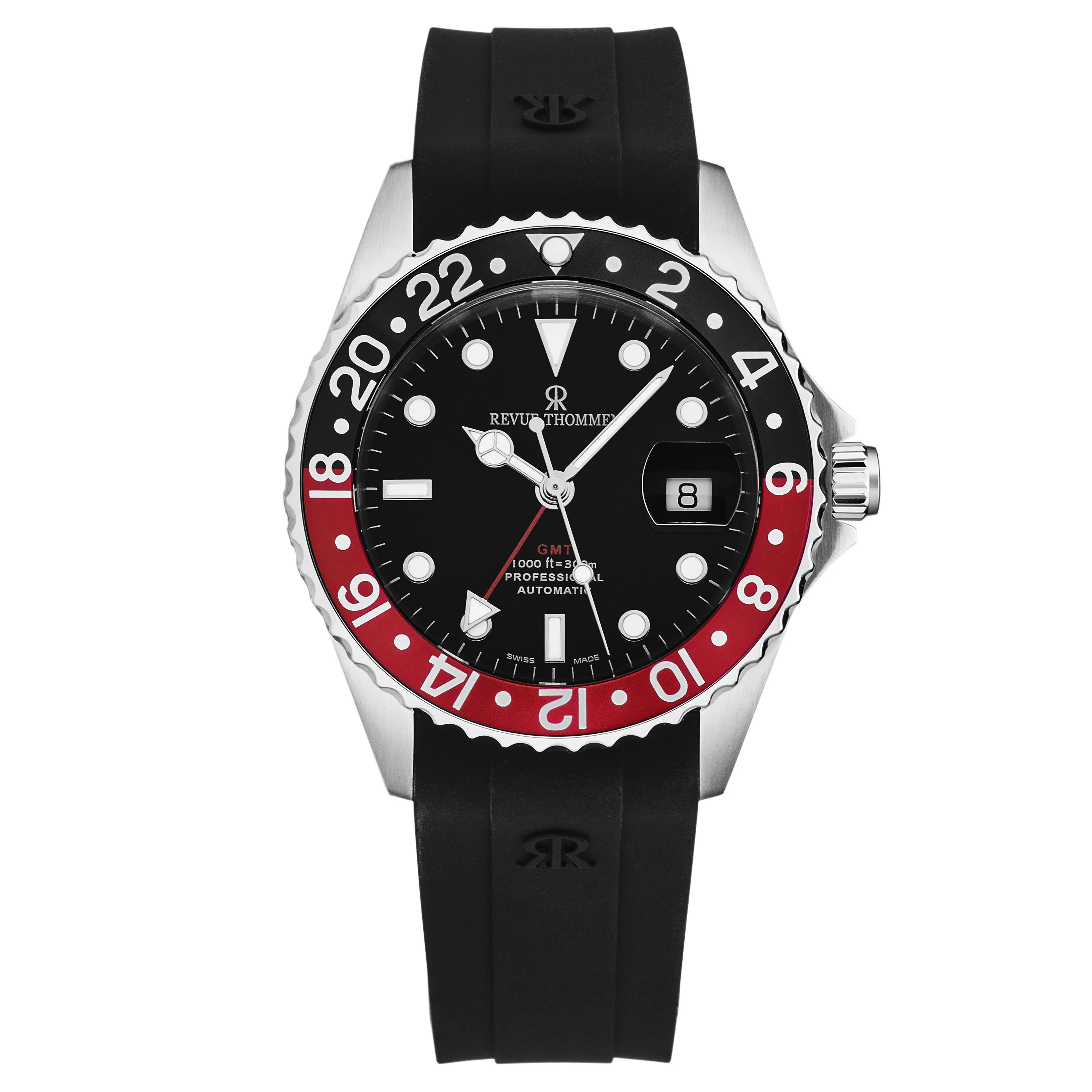 Revue Thommen Men's 'Diver' Black Dial Black and Red Bezel Black Rubber Strap GMT Automatic Watch 17572.2836