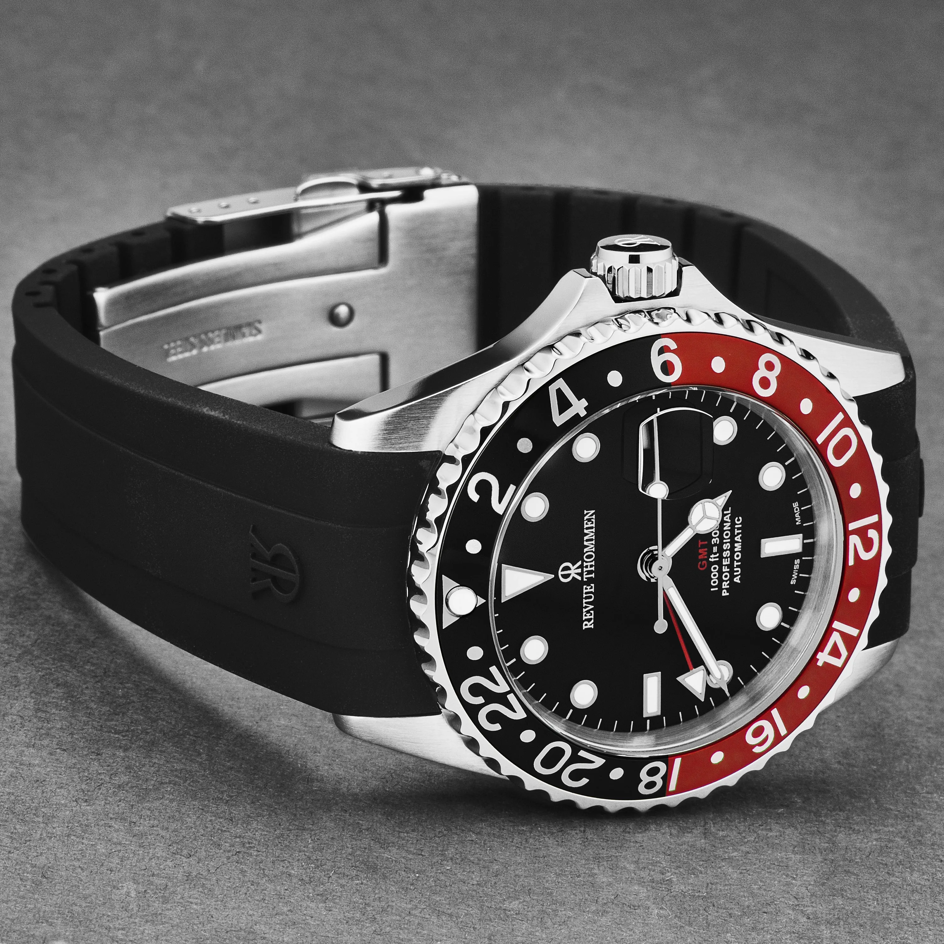 Revue Thommen Men's 'Diver' Black Dial Black and Red Bezel Black Rubber Strap GMT Automatic Watch 17572.2836