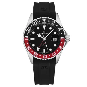 Revue Thommen Men's 'Diver' Black Dial Black and Red Bezel Black Rubber Strap GMT Automatic Watch 17572.2836