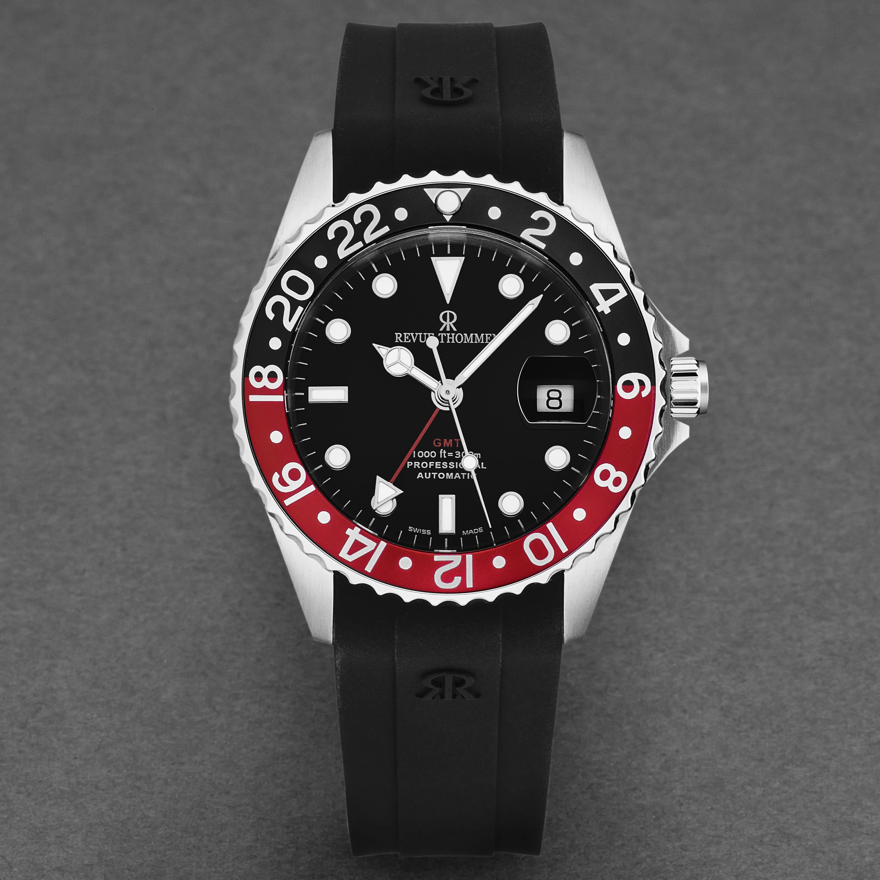 Revue Thommen Men's 'Diver' Black Dial Black and Red Bezel Black Rubber Strap GMT Automatic Watch 17572.2836
