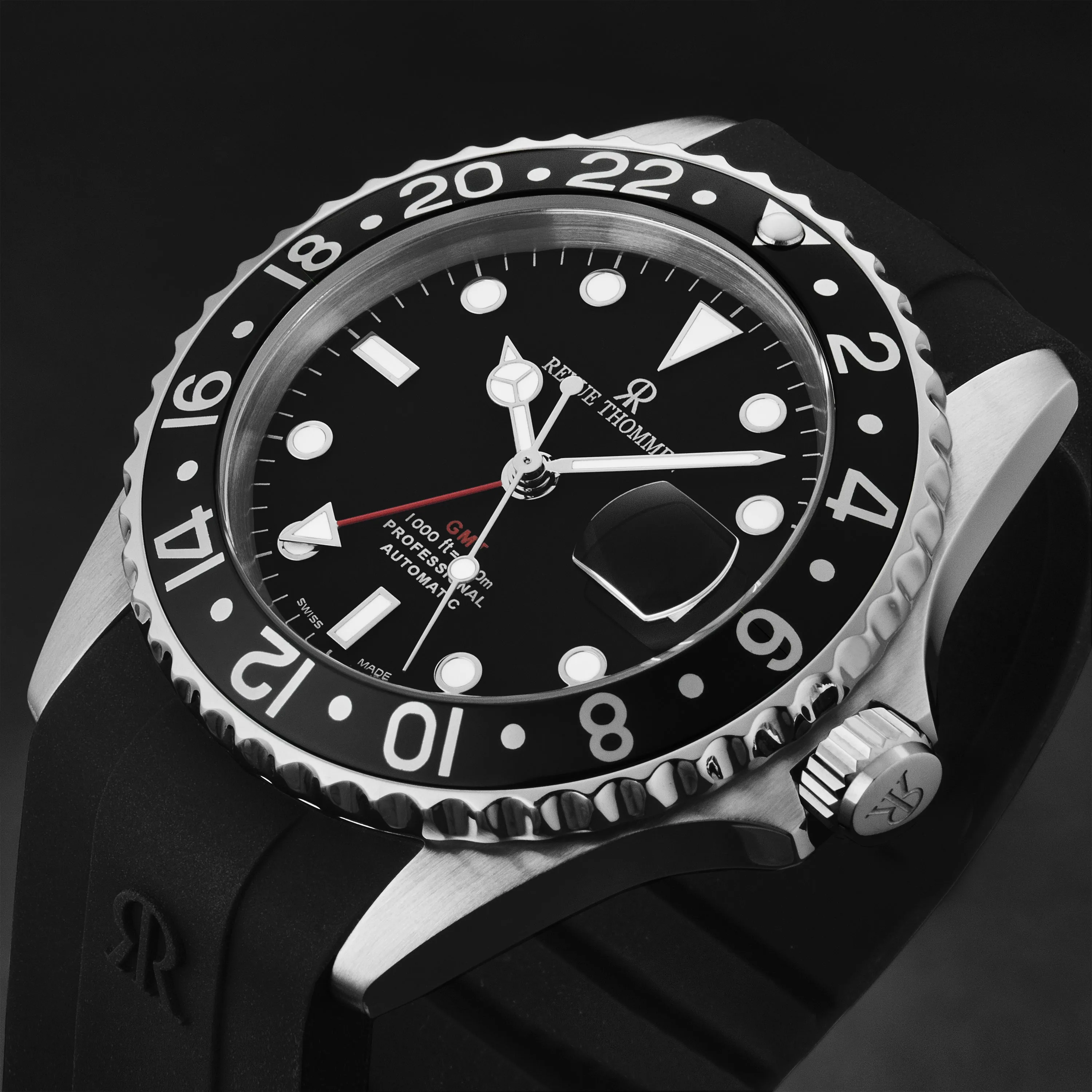 Revue Thommen Men's 'Diver' Black Dial Black Bezel Black Rubber Strap GMT Automatic Watch 17572.2837