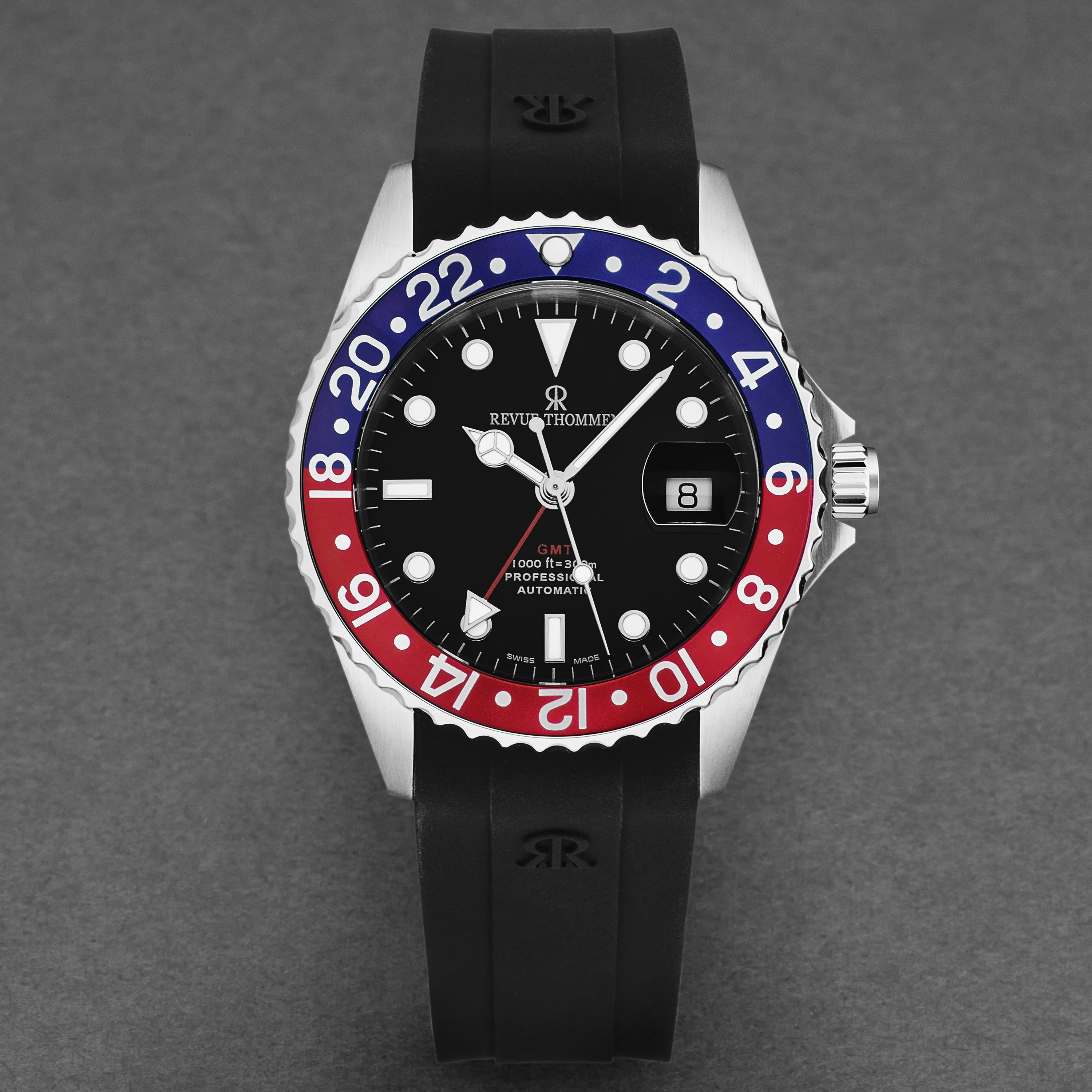 Revue Thommen Men's 'Diver' Black Dial Blue and Red Bezel Black Rubber Strap GMT Automatic Watch 17572.2835