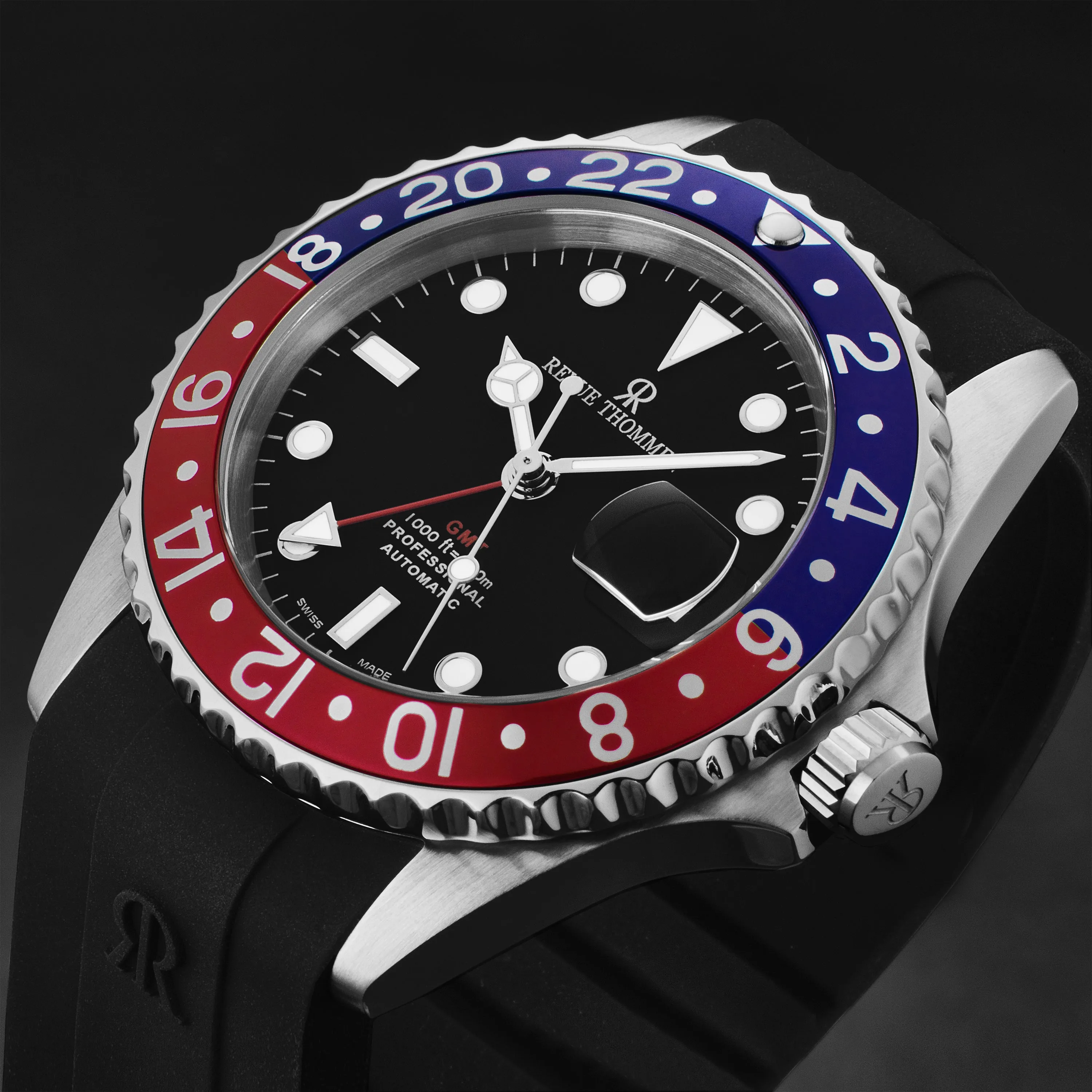 Revue Thommen Men's 'Diver' Black Dial Blue and Red Bezel Black Rubber Strap GMT Automatic Watch 17572.2835