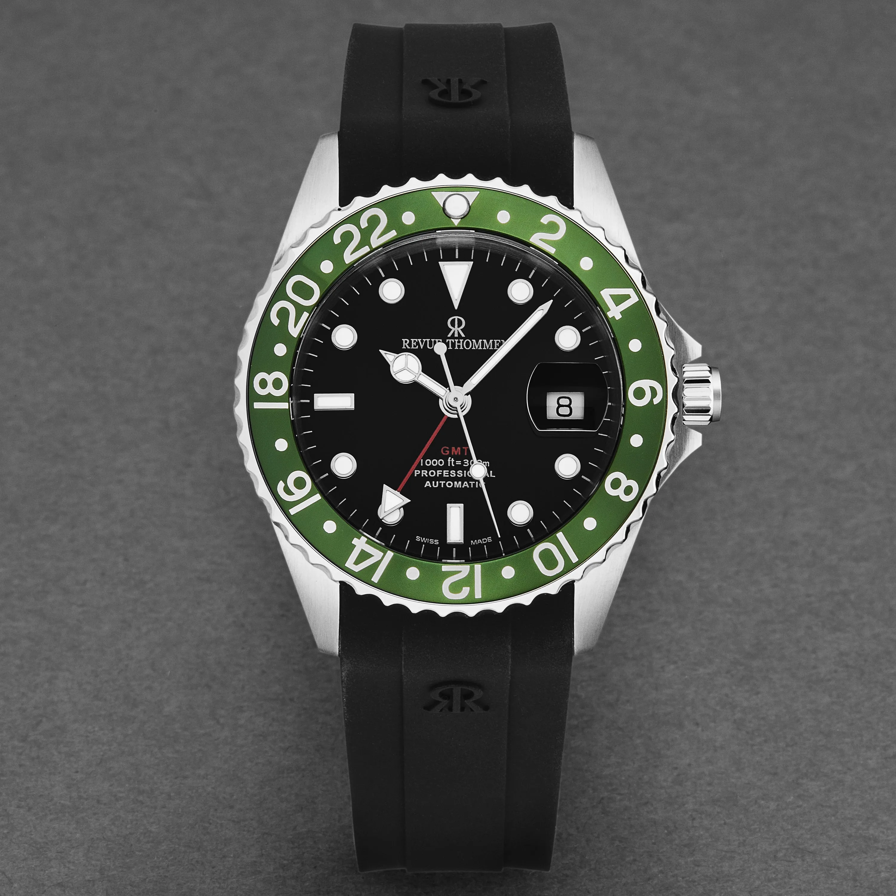 Revue Thommen Men's 'Diver' Black Dial Green Bezel Black Rubber Strap GMT Professional Automatic Watch 17572.2834