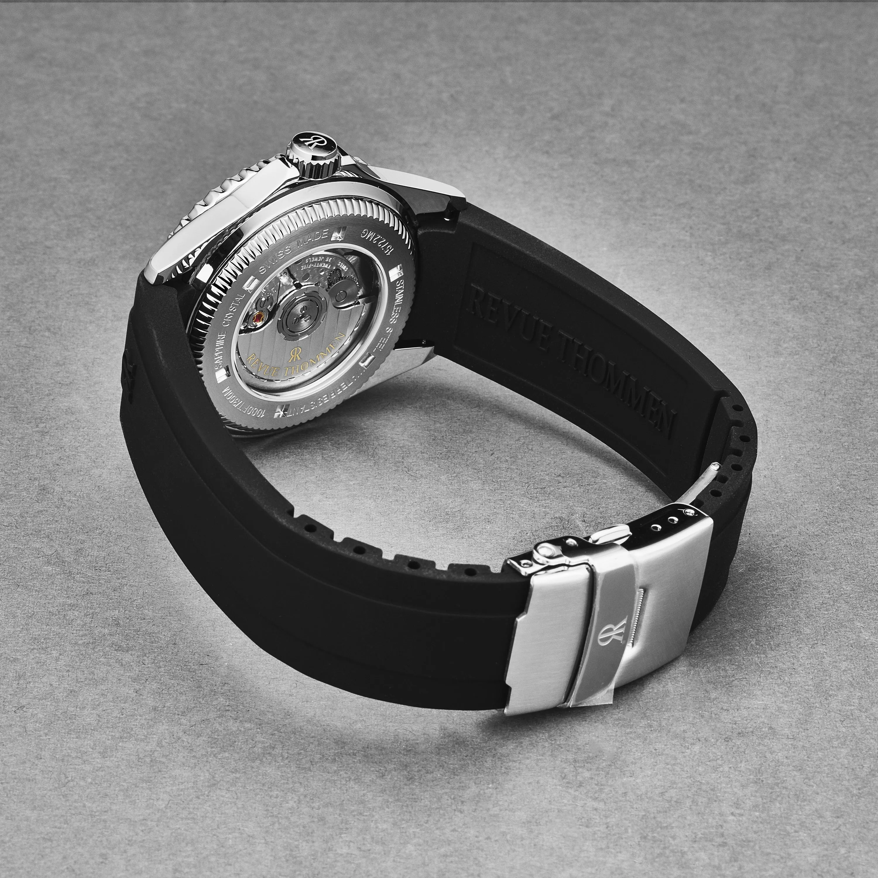 Revue Thommen Men's 'Diver' Black Dial Green Bezel Black Rubber Strap GMT Professional Automatic Watch 17572.2834