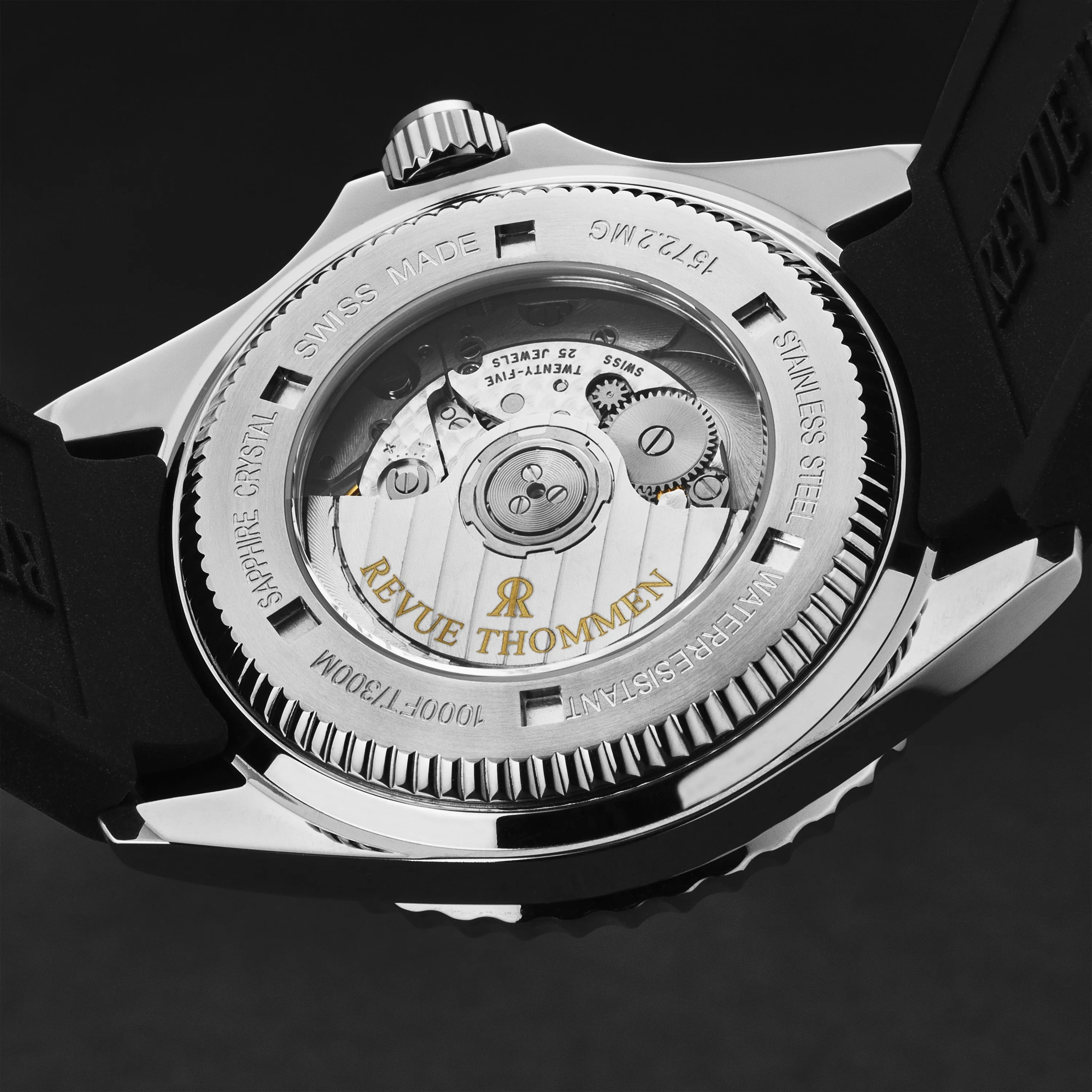 Revue Thommen Men's 'Diver' Black Dial Green Bezel Black Rubber Strap GMT Professional Automatic Watch 17572.2834