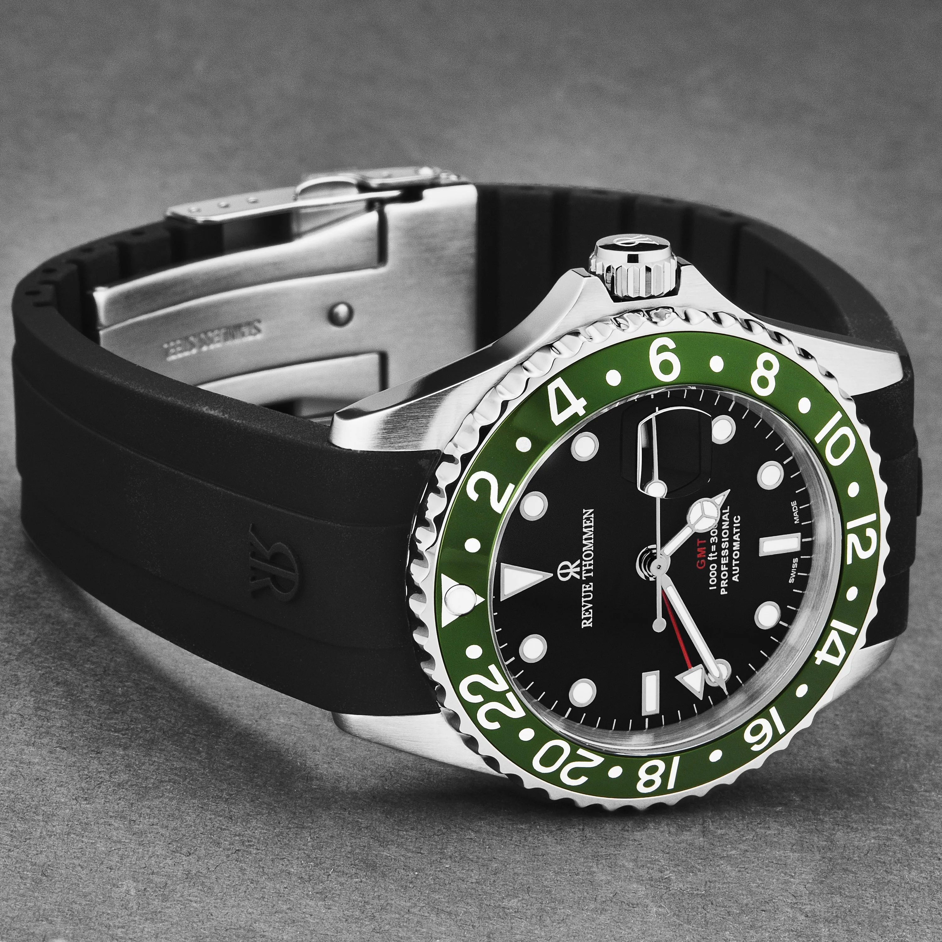 Revue Thommen Men's 'Diver' Black Dial Green Bezel Black Rubber Strap GMT Professional Automatic Watch 17572.2834