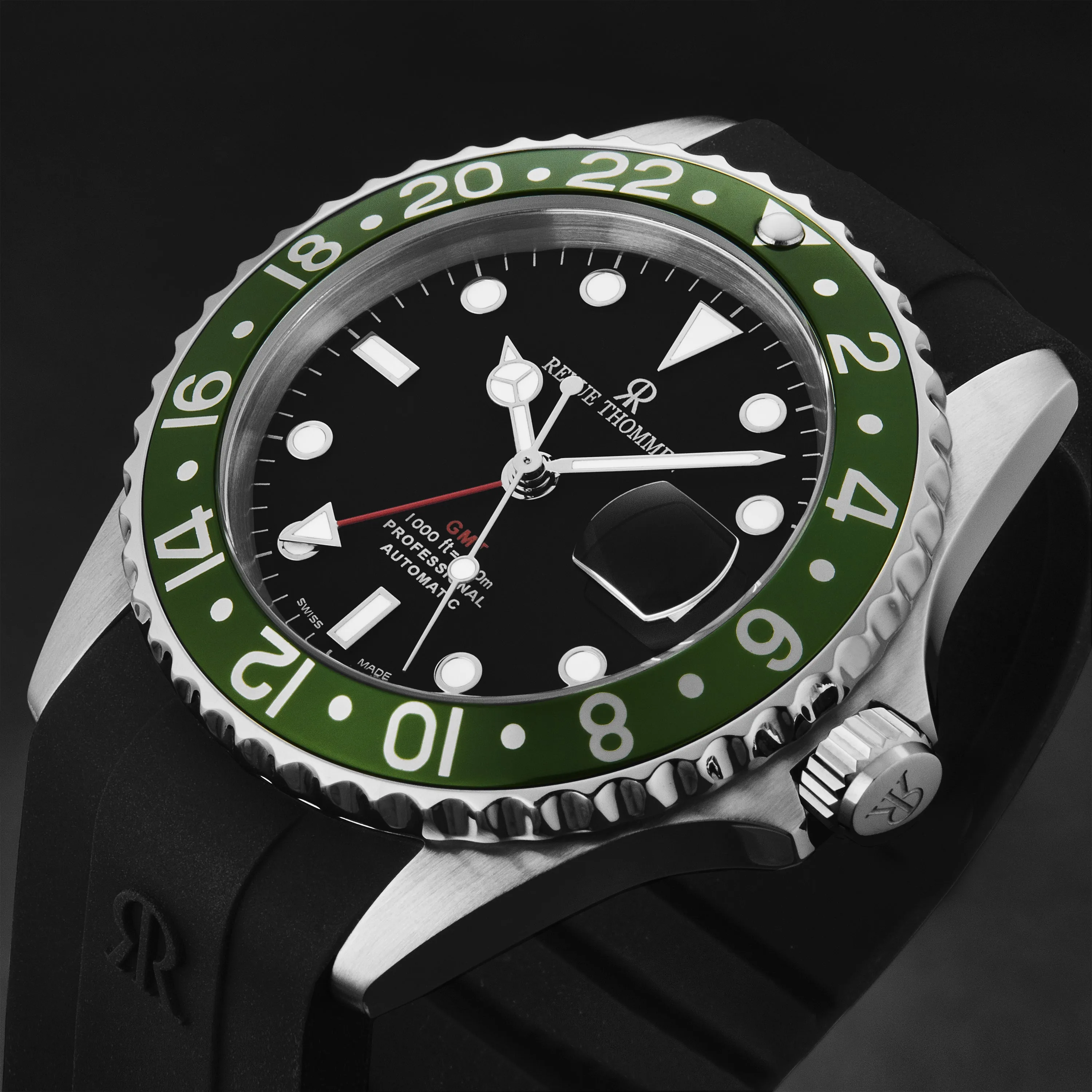 Revue Thommen Men's 'Diver' Black Dial Green Bezel Black Rubber Strap GMT Professional Automatic Watch 17572.2834