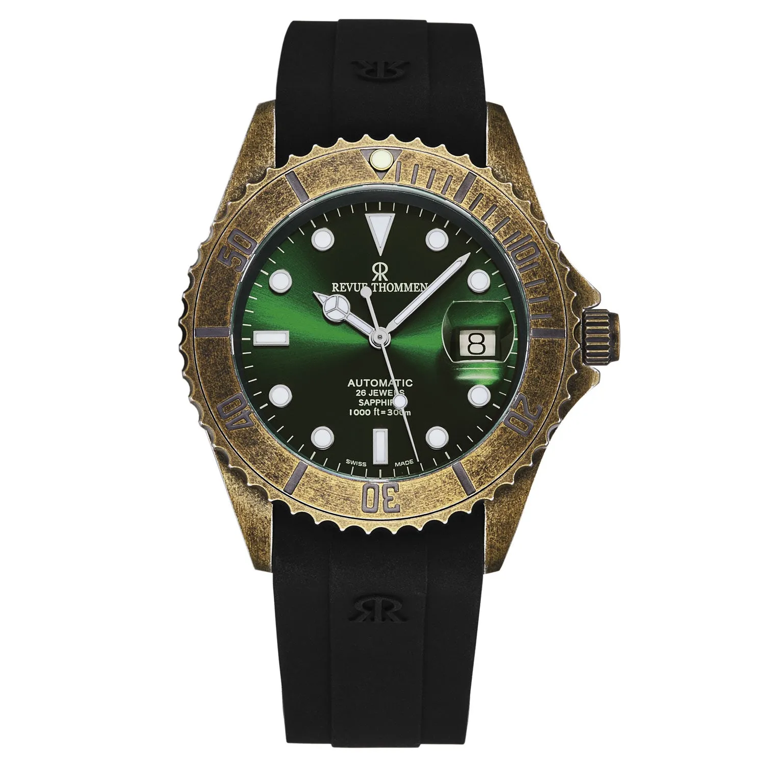 Revue Thommen Men's 'Diver' Green Dial Black Rubber Gunmetal Automatic Watch 17571.2884