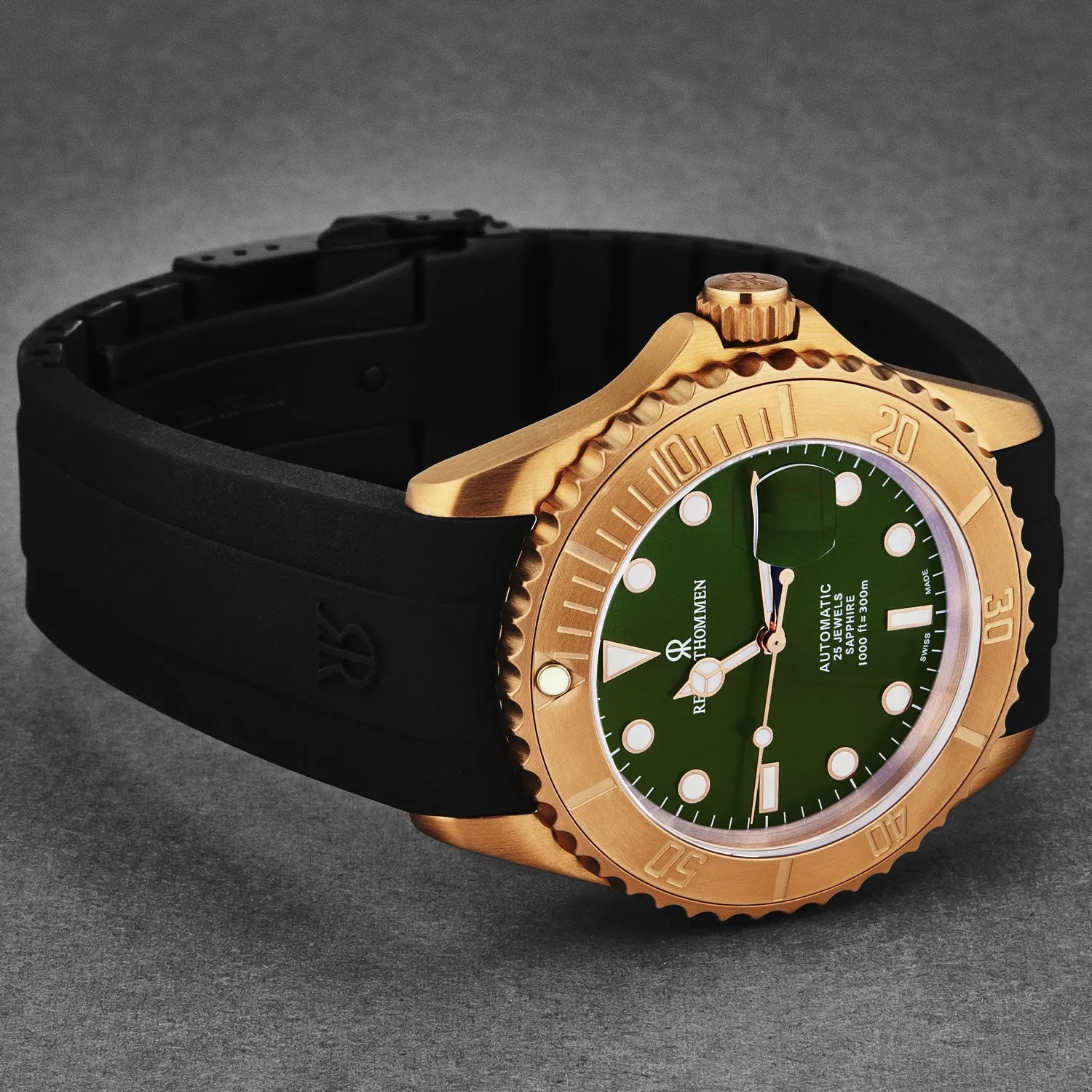 Revue Thommen Men's 'Diver' Green Dial Black Rubber Strap Bronze/Steel Automatic Watch 17571.2894