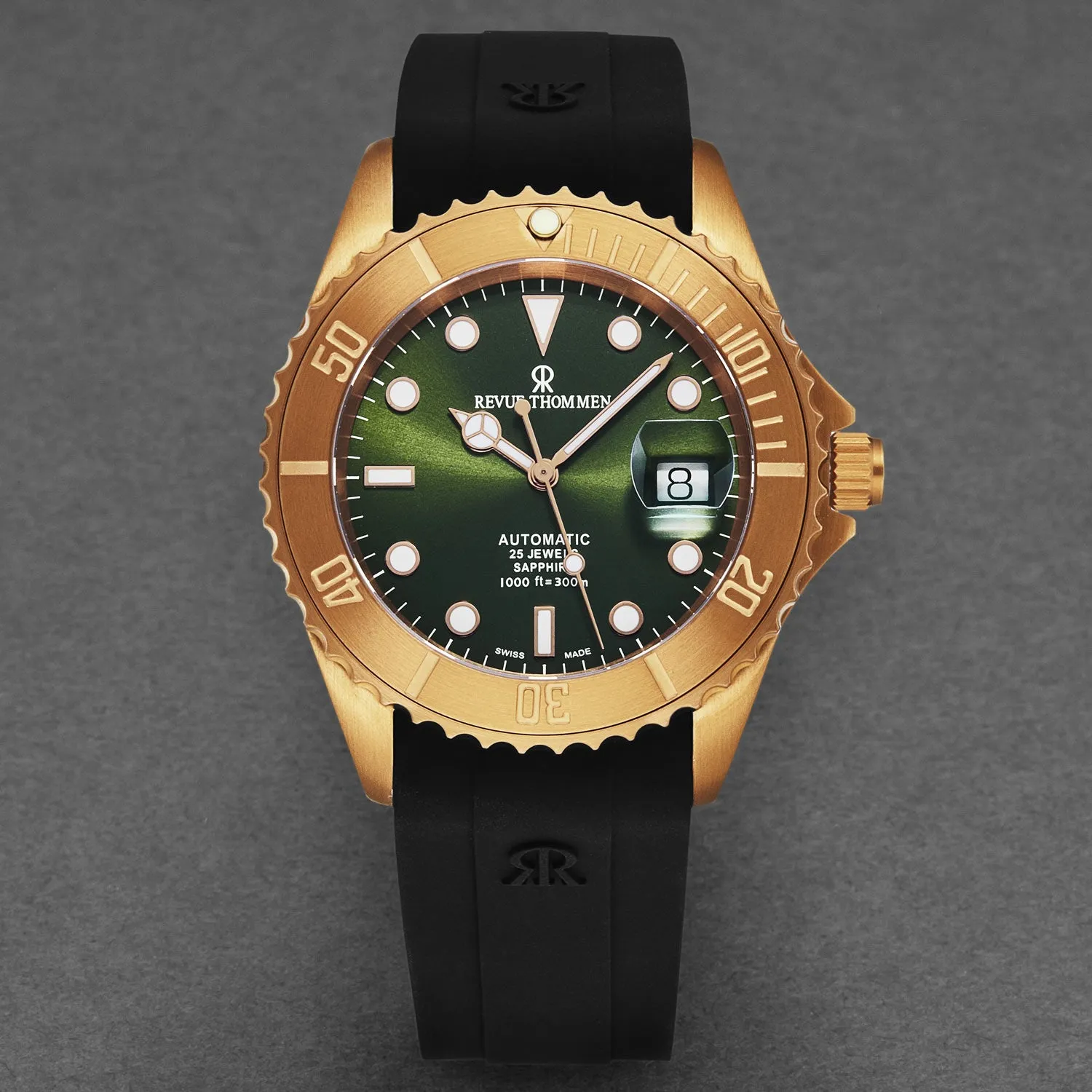 Revue Thommen Men's 'Diver' Green Dial Black Rubber Strap Bronze/Steel Automatic Watch 17571.2894