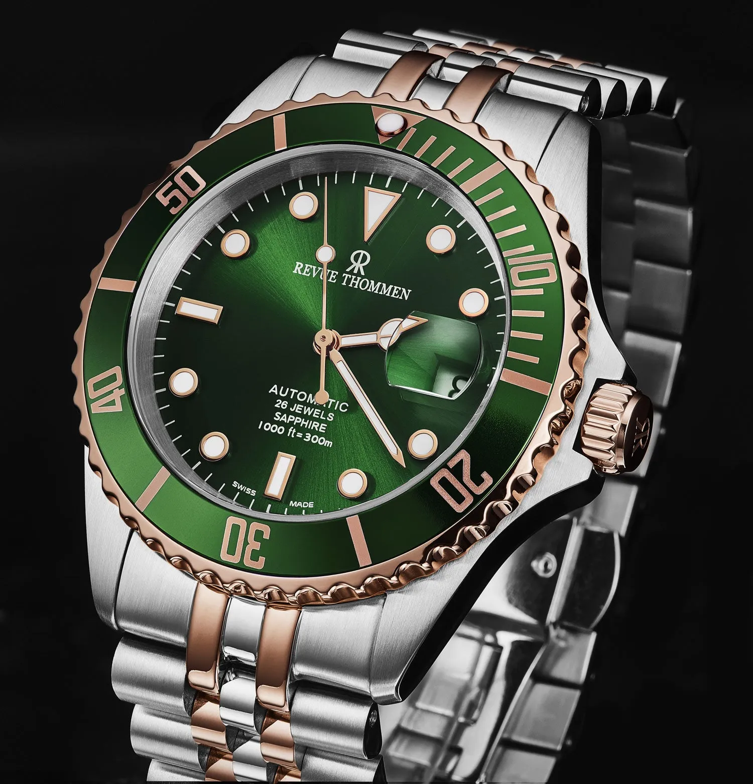 Revue Thommen Men's 'Diver' Green Dial Two Tone Stainless Steel Bracelet Automatic Watch 17571.2254