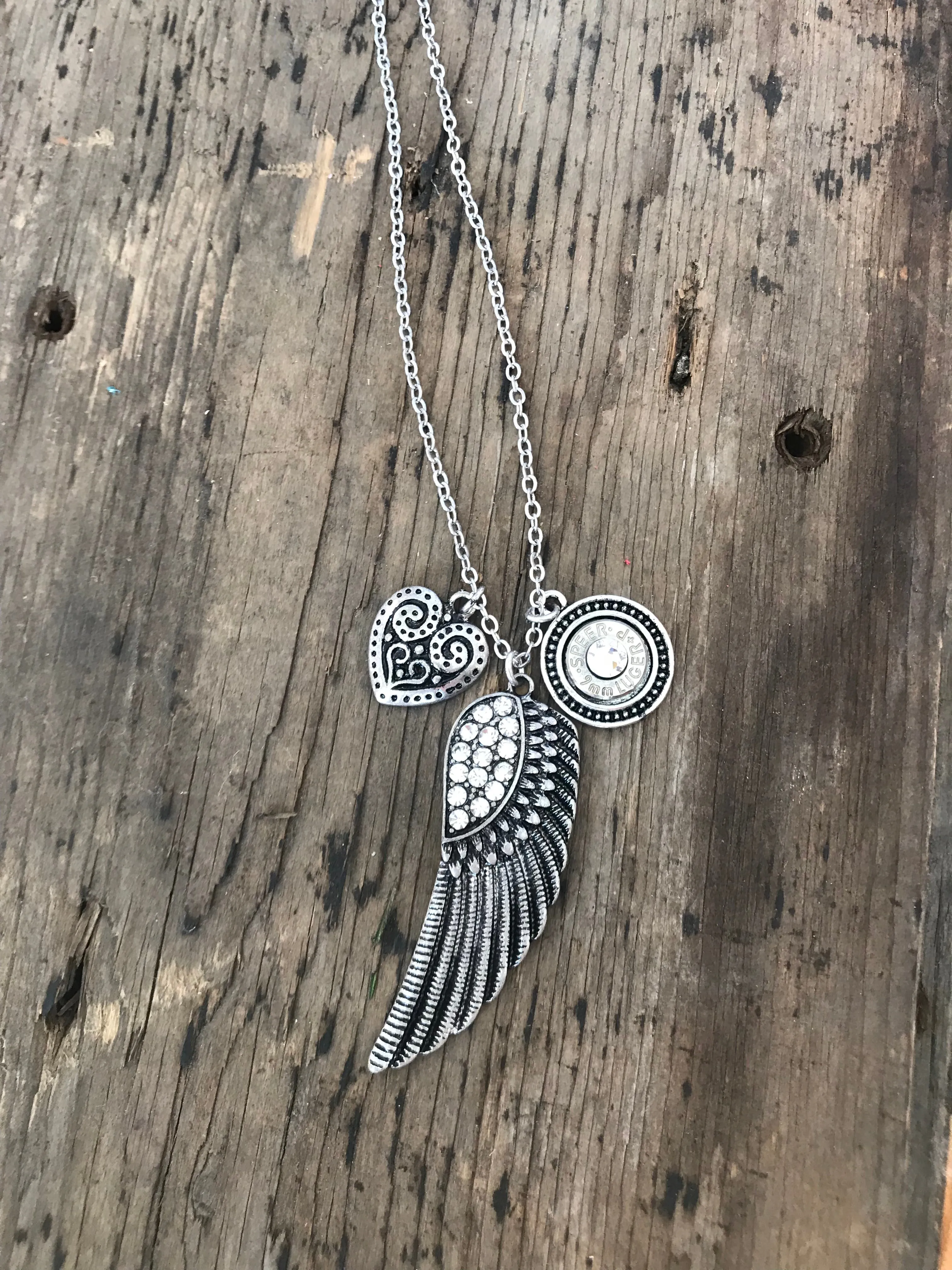 Rhinestone Feather Bullet Necklace