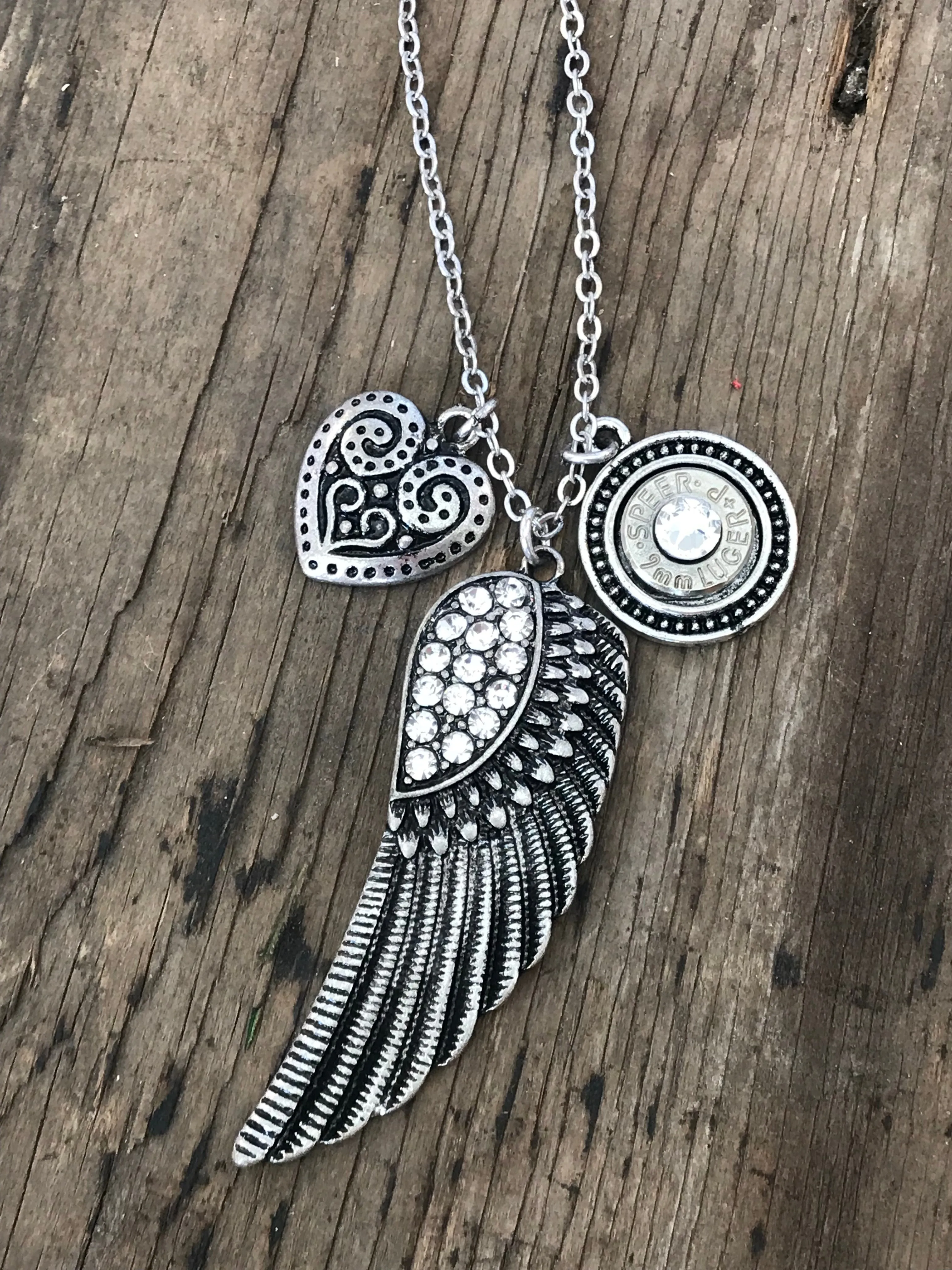 Rhinestone Feather Bullet Necklace